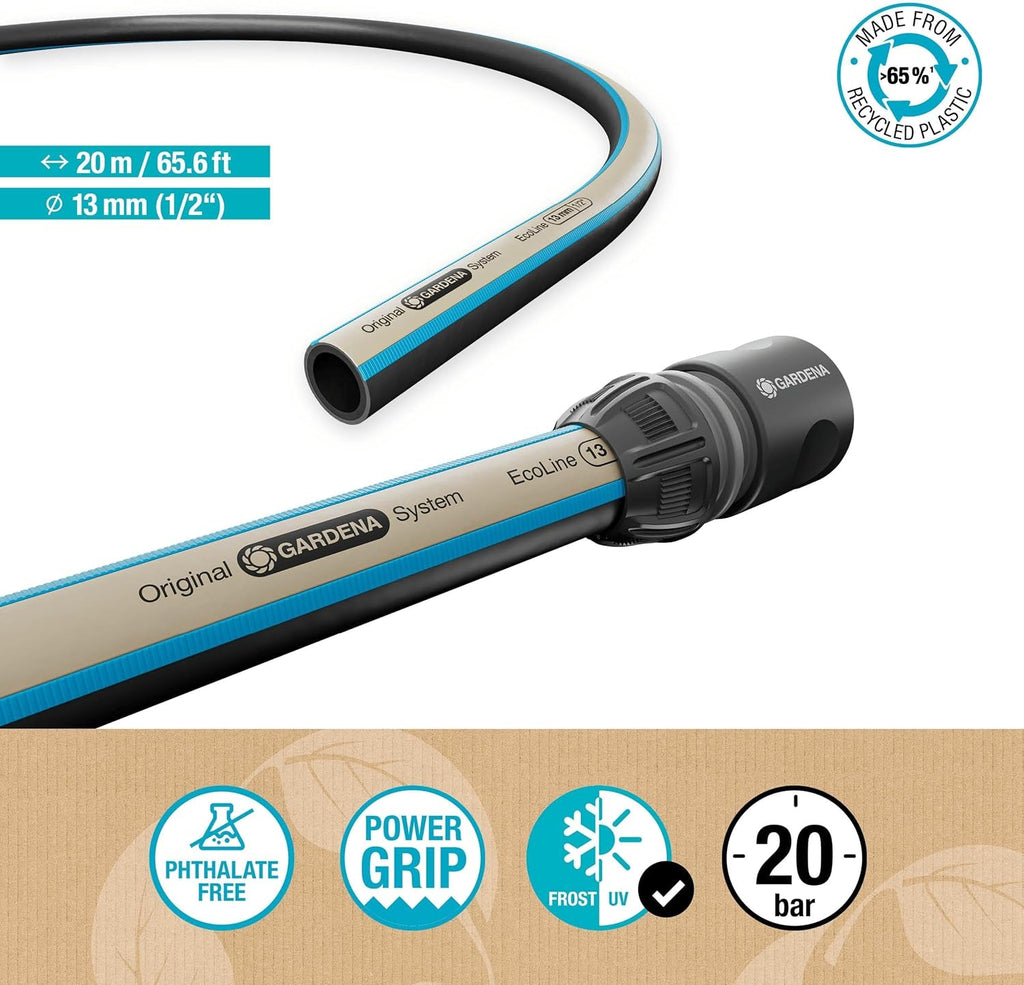 Furtun Gardena EcoLine 1/2 inch, 20 m fără componente de sistem: Furtun de grădină sustenabil fabricat din plastic reciclat, fără ftalați și poluanți, funcție de prindere puternică, rezistent la îngheț și UV (18930-20)