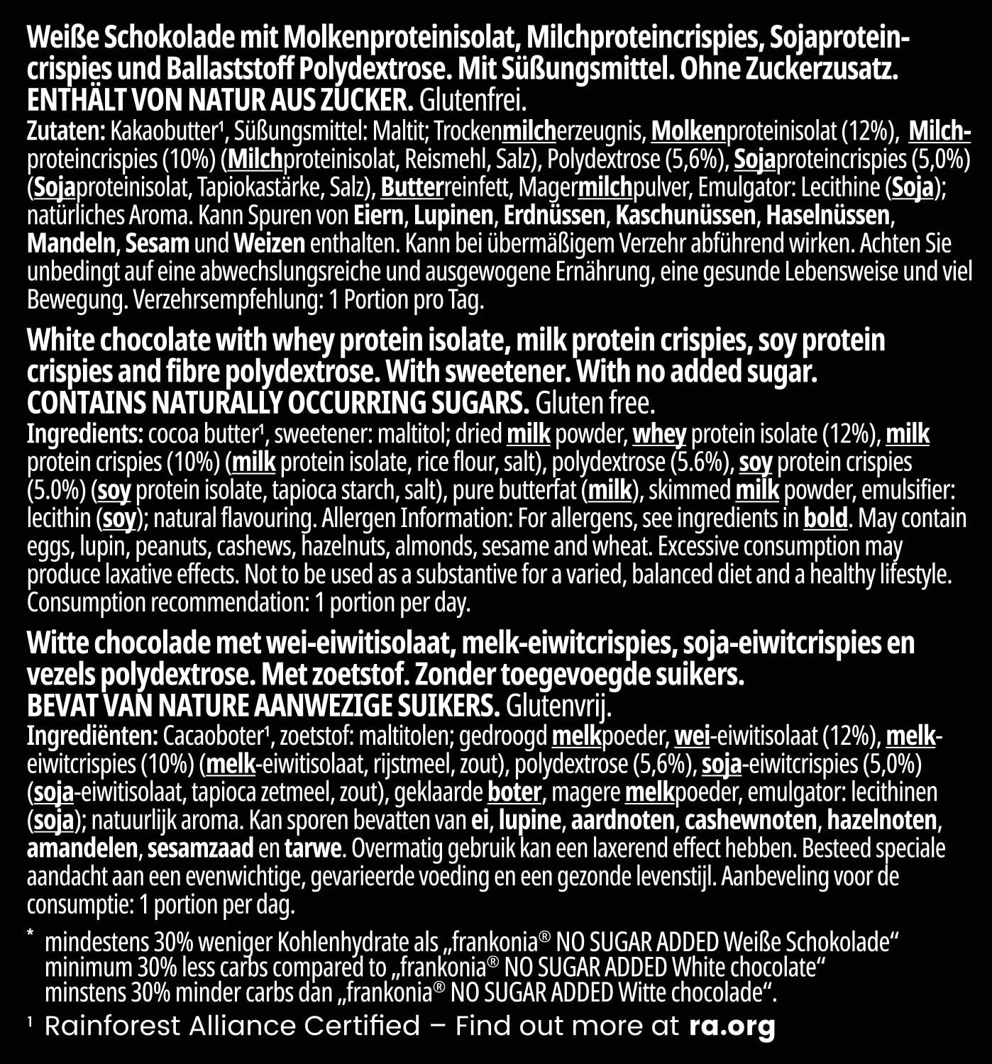 frankonia CHOCOLAT POWER MOTION hozzáadott cukor nélkül - Ropogós fehér csokoládé magas fehérje- és alacsony szénhidráttartalommal, 90 g