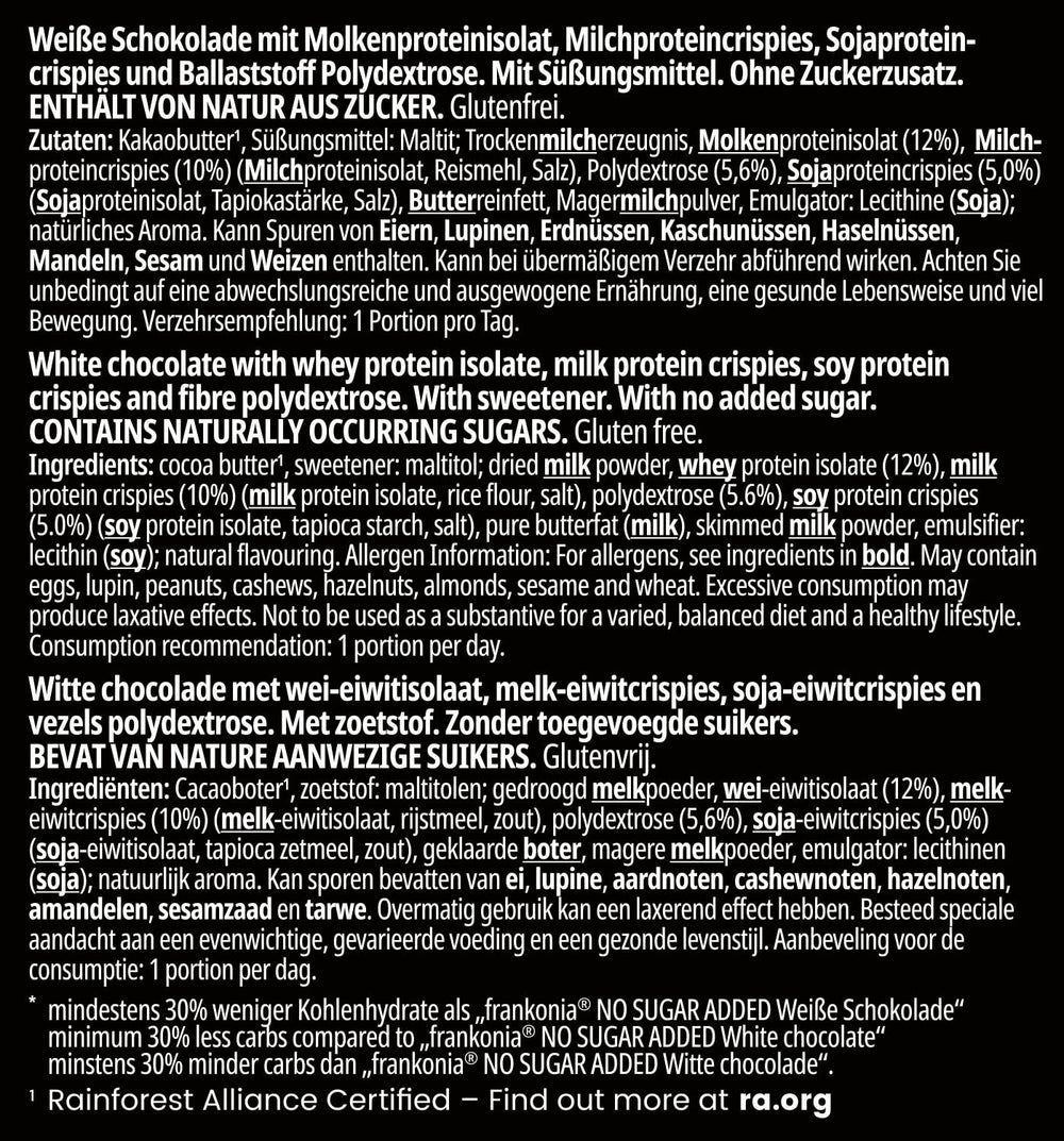 frankonia CHOCOLAT POWER MOTION hozzáadott cukor nélkül - Ropogós fehér csokoládé magas fehérje- és alacsony szénhidráttartalommal, 90 g