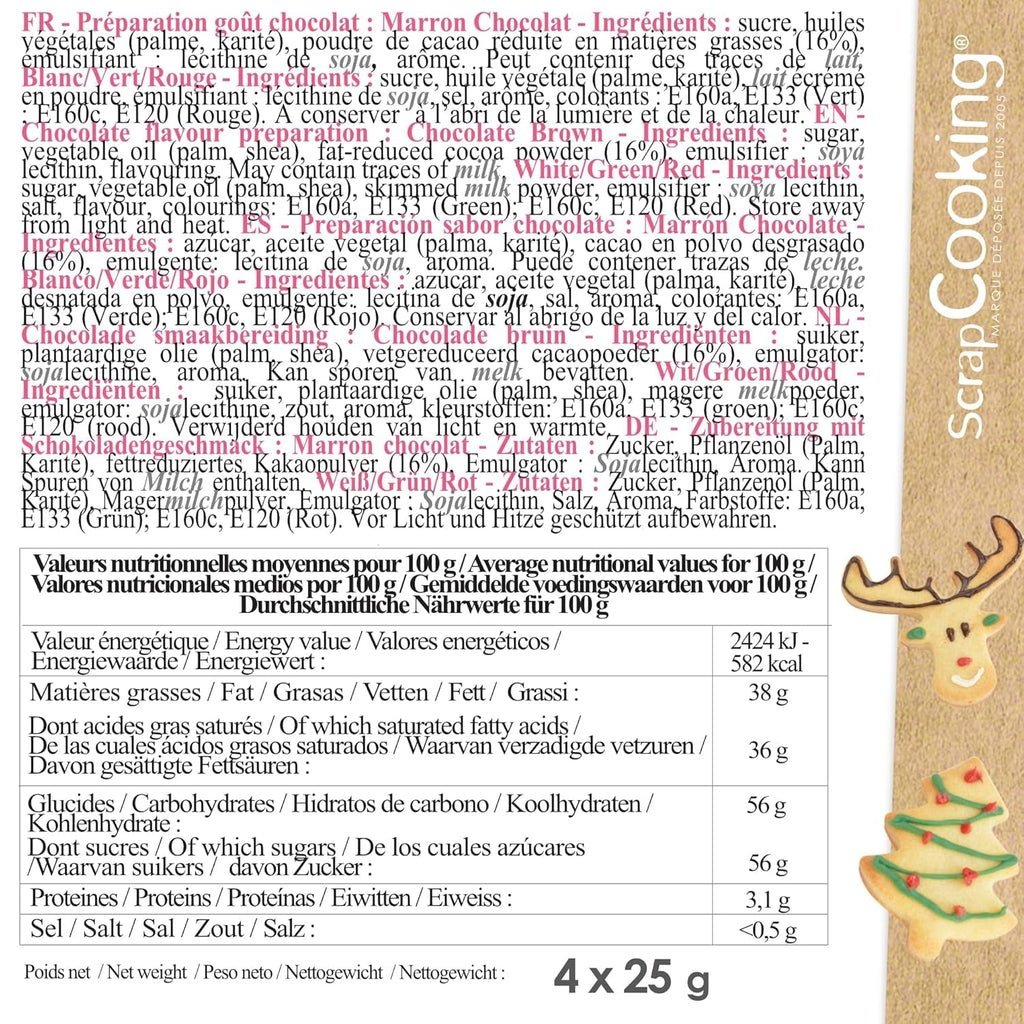 Scrapcooking - Set de 4 creioane colorate de ciocolată de Crăciun - Maro, Alb, Verde și Roșu - Colorant comestibil - Colorant alimentar pentru scris - Scrie și desenează pe deserturi, prăjituri și fursecuri - 7060