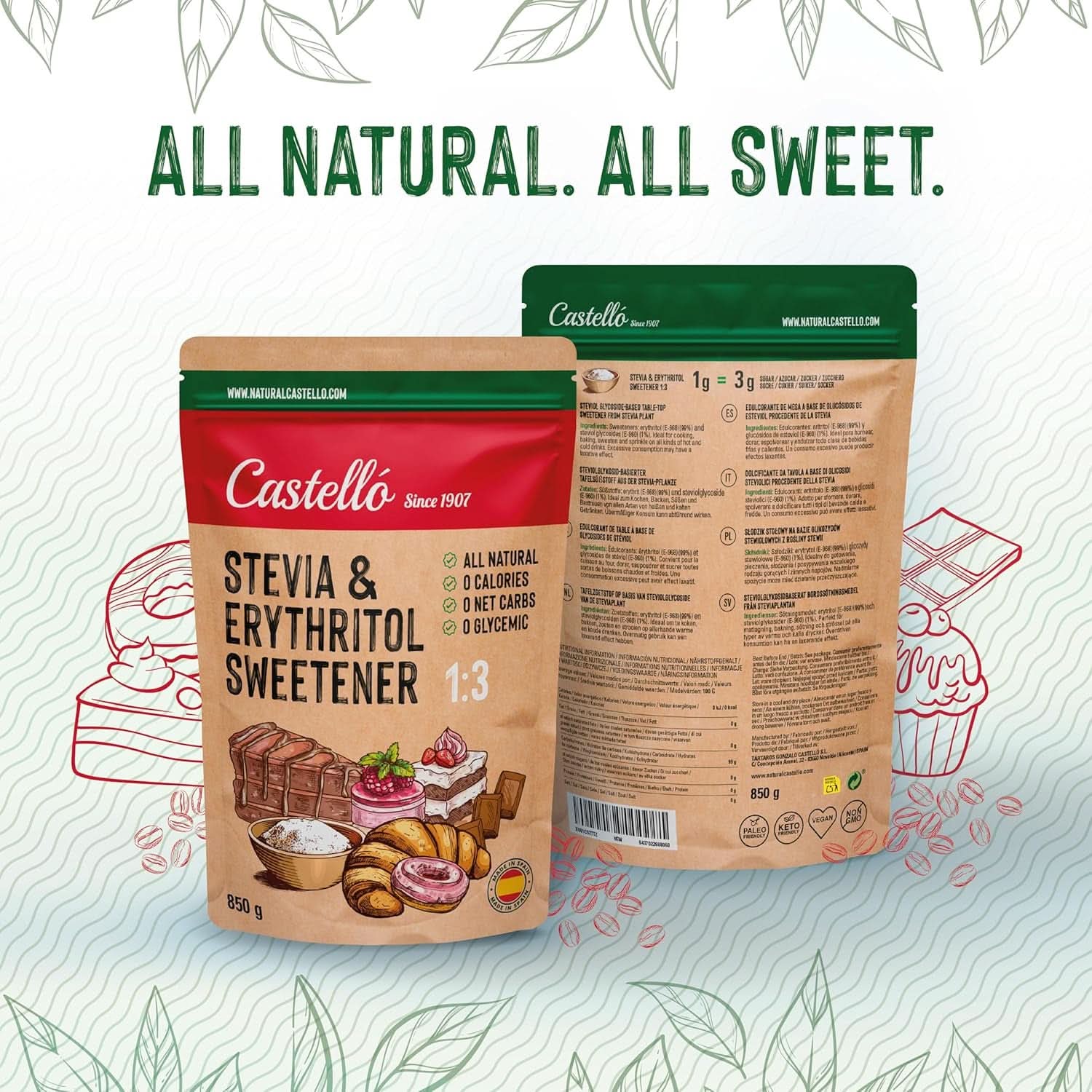 Stevia + Eritrit 1:3 édesítőszer, 1G = 3G cukor, 850 gramm édesítőszer Naty Shop