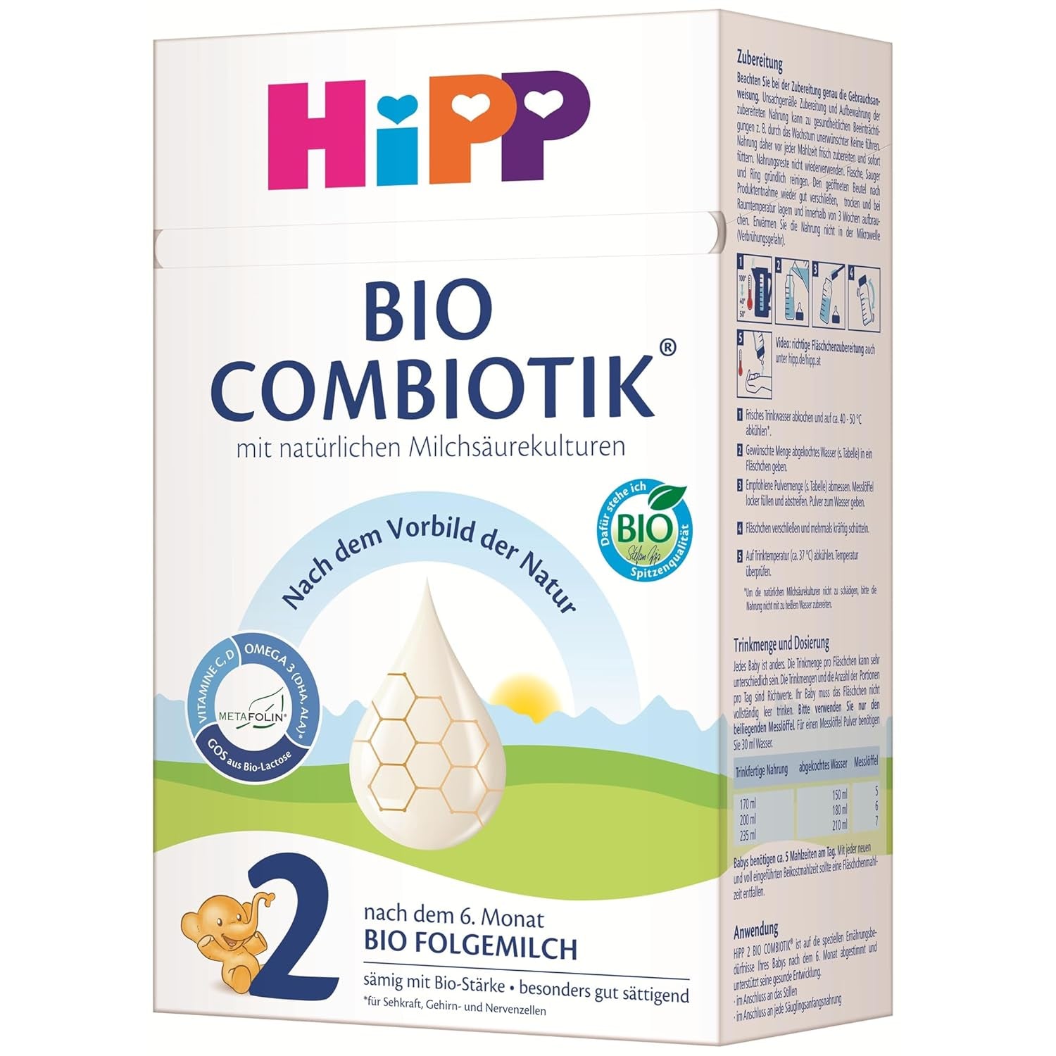 HiPP 2 Organic Combiotik (4 x 600g), 6 hónapos utánpótlás, keményítővel, természetes tejsav, GOS, Omega-3 (DHA, ALA) kultúrákkal, a legjobb bio minőséggel
