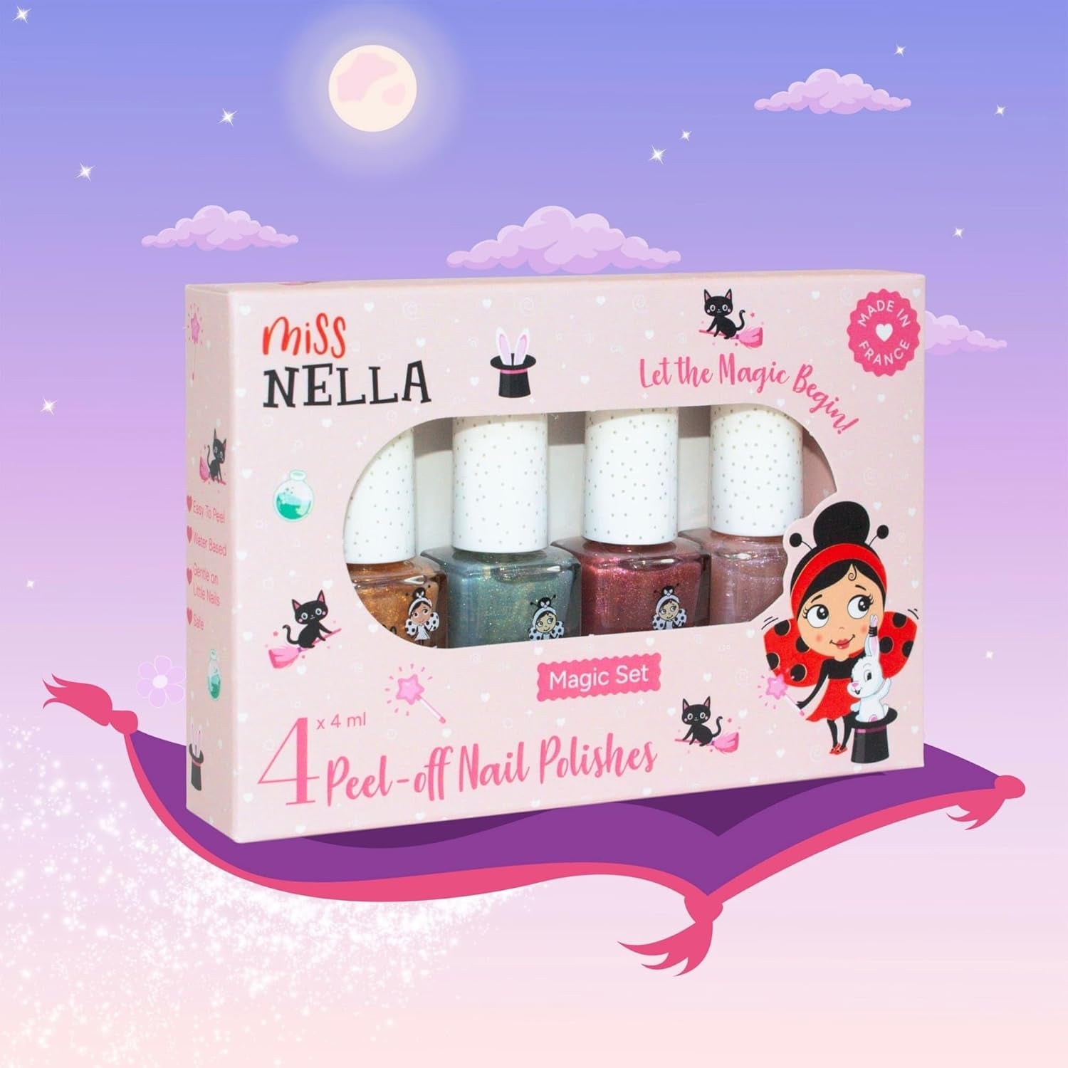 Miss Nella Magic Collection 4 részes csillogó körömlakk szett: rózsaszín, piros, arany és kék, speciális gyerekeknek kivehető körömlakk, nem mérgező, vízbázisú, szagtalan