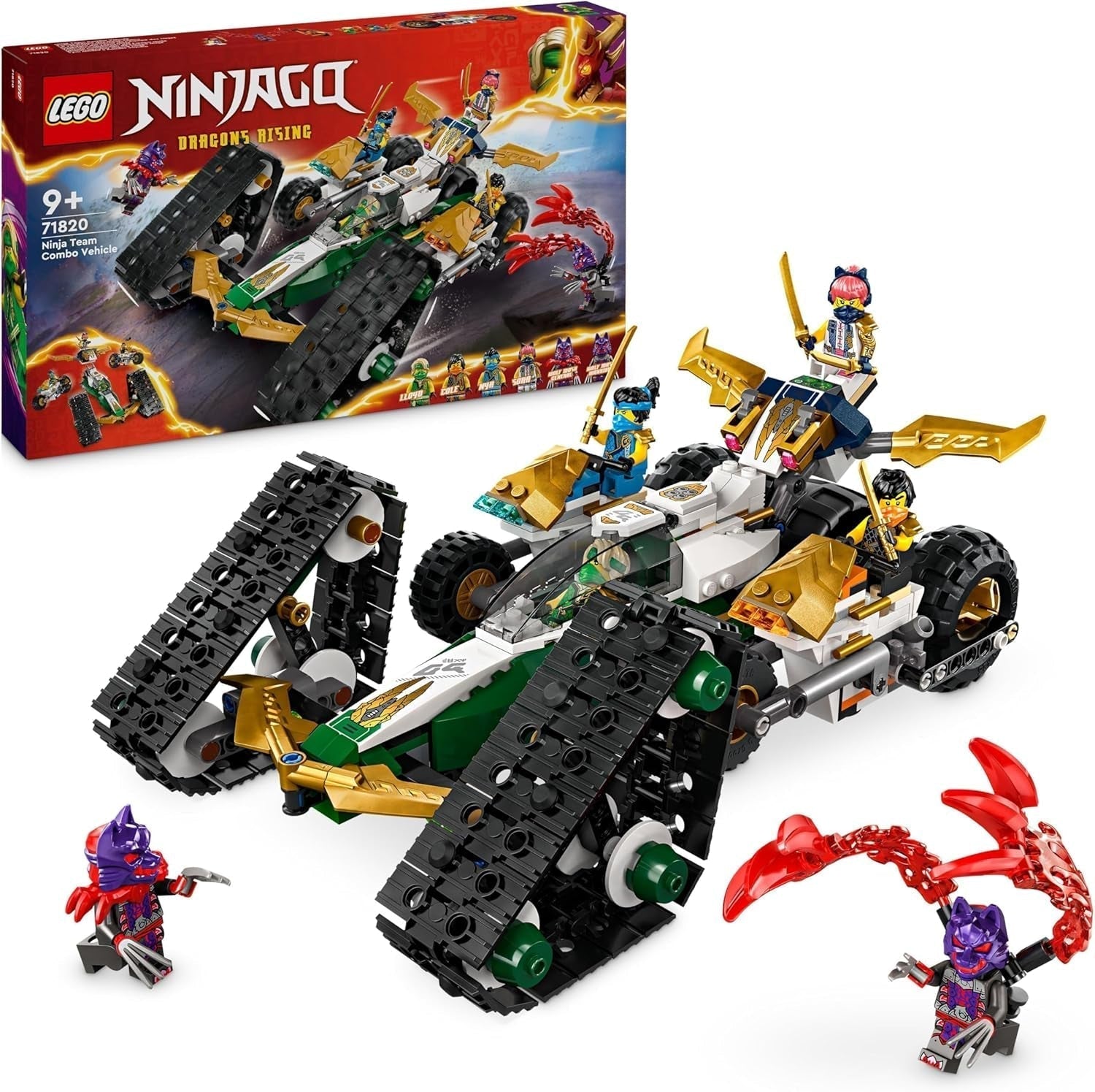 LEGO NINJAGO Ninja Team Combi Caterpillar, set 4 în 1 cu planor, mașină de curse și 2 motociclete și 6 minifigurine, cadou pentru băieți și fete, jucărie Ninja 71820 Seturi de constructie Besuche den LEGO-Store Titlu implicit