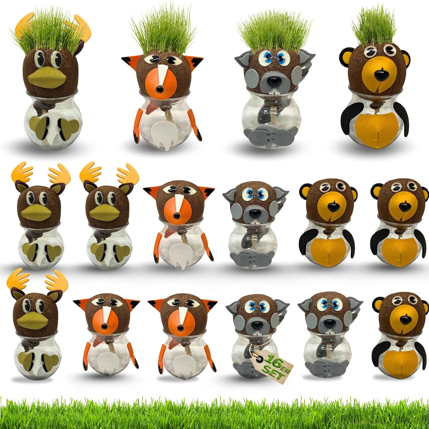 Bada Bing Graskopf 4er készlet incl. Wasserbehälter Waldtiere DIY Tiere – Rasenkopf Tierkopf mit Rasensamen – Experiment für Kinder – Spaß mit Lerneffekt – Geschenk Mitbringsel Kindergeburtstag Mitgebsel