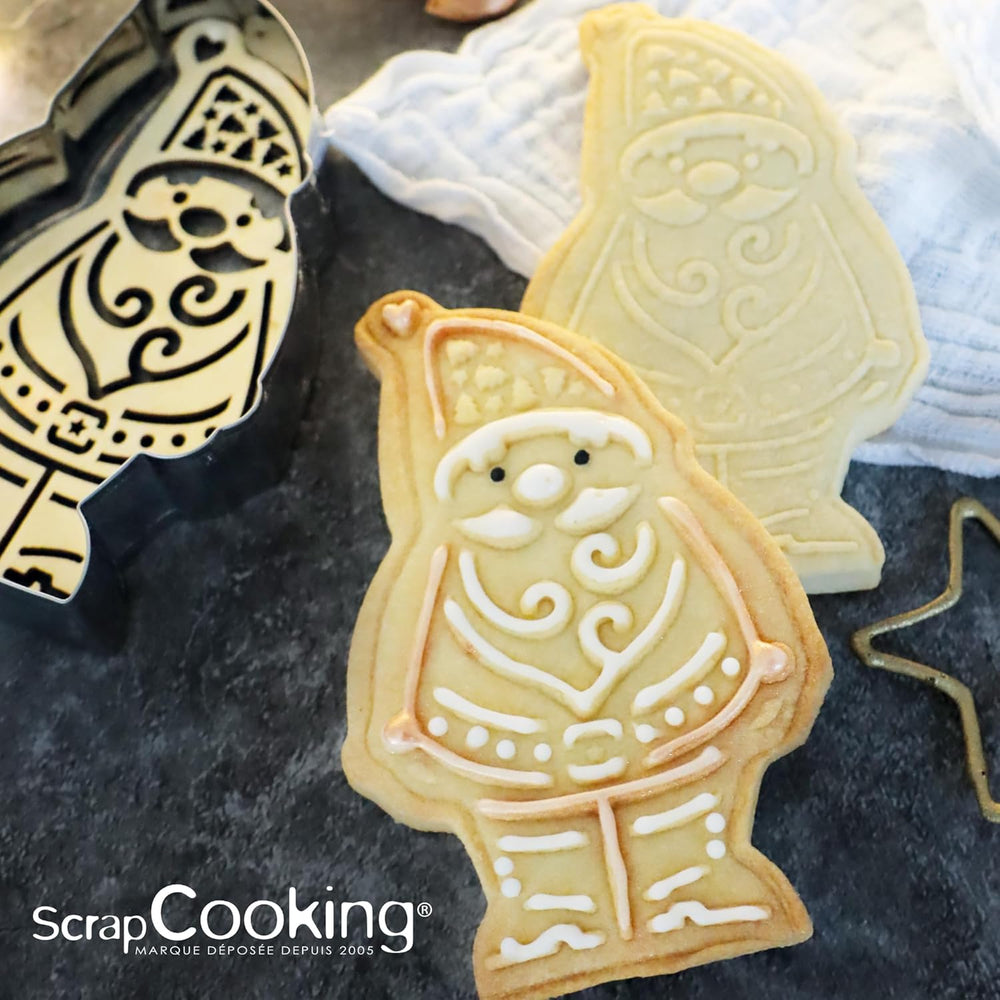 ScrapCooking – Set de tăiat fursecuri din lemn și embossare cu Moș Crăciun – Formă de tăiat fursecuri de Crăciun din oțel inoxidabil pentru fursecuri în relief – Accesorii de copt – Idee de cadou de Crăciun în bucătărie – 2079