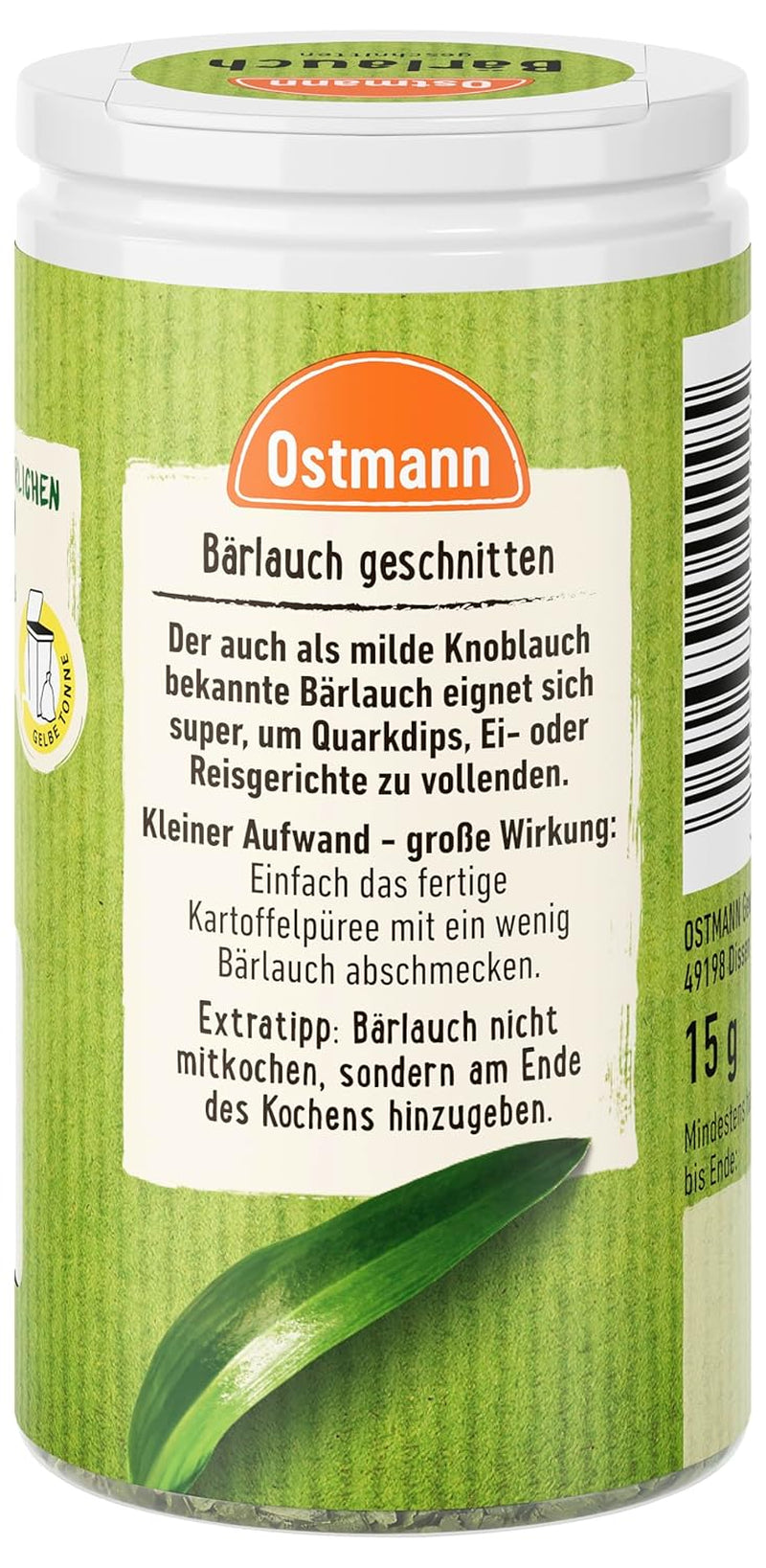 Ostmann Gewürze - Bärlauch geschnitten | Enyhébb Knoblauch-Geschmack | Für Ei- oder Reisgerichte sowie Quarkdips | 15 g Der Streudose-ban