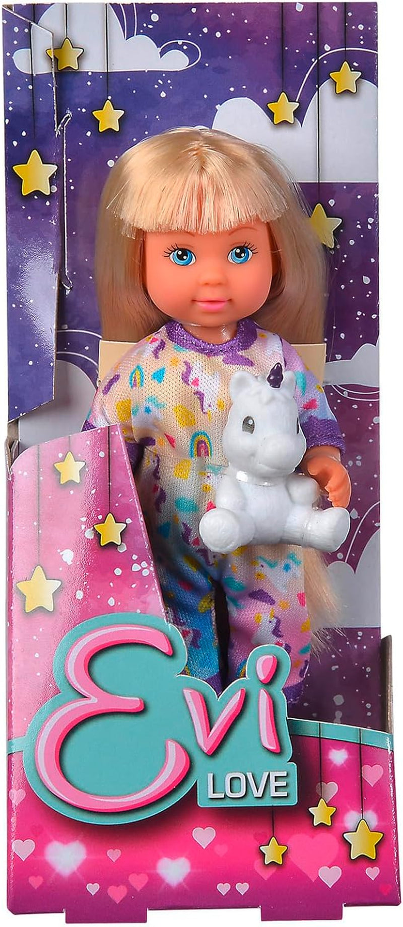 Simba Evi Love Pijama, 3-Fach Sortiert, es Wird nur EIN Artikel gelifert, Puppe in einem süßen Pijama mit Einhornkuscheltier, 12cm Spielpuppe, ab 3 Years