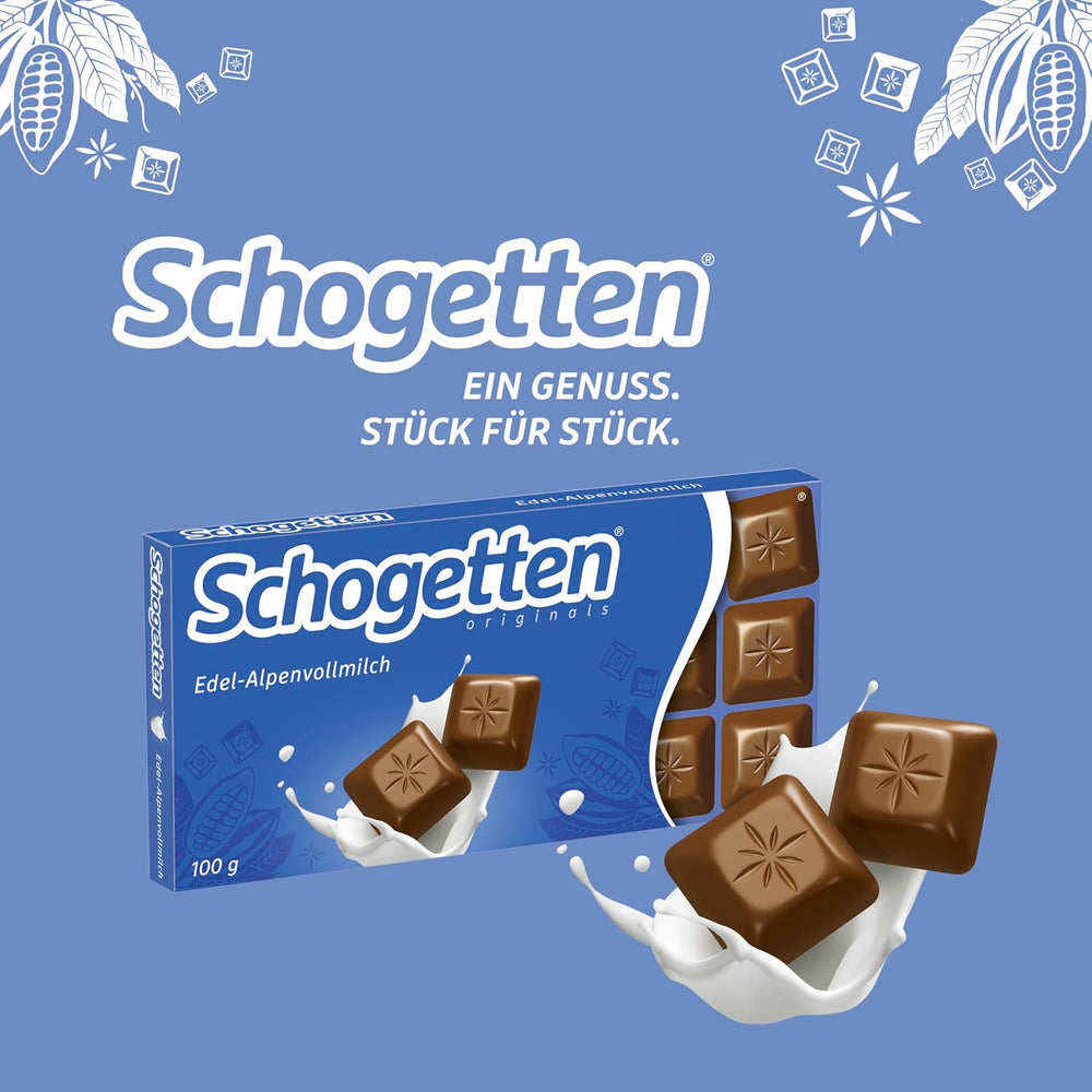 Schogetten Premium Alpine tejcsokoládé tábla, 100g, egyenként adagolva. Öröm. Darabról darabra.