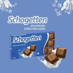 Schogetten Premium Alpine tejcsokoládé tábla, 100g, egyenként adagolva. Öröm. Darabról darabra.
