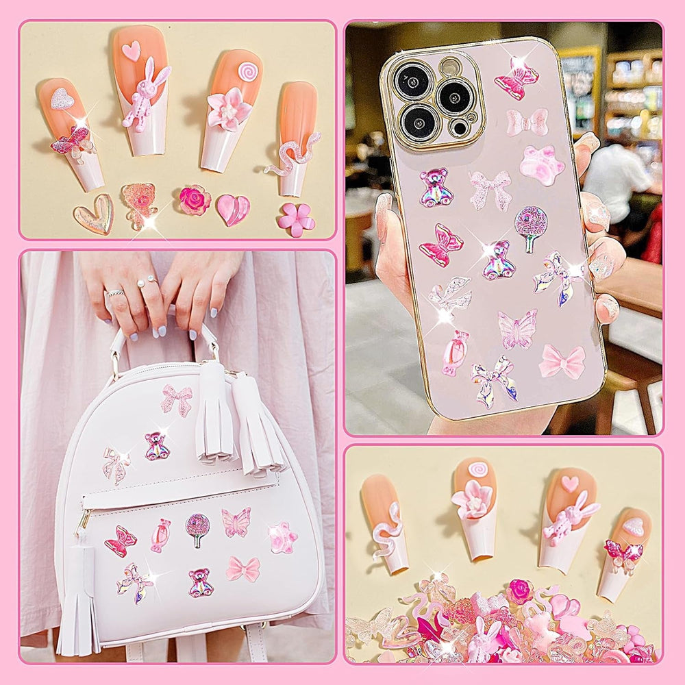 200 piese Nail Art Charms 3D Nail Art Decoration Set Arc Nail Pendant Roz Stil Mixt Arc Floare Ursuleț Acadea În formă de Inimă Nail Art Decorare DIY Craft Nail Design