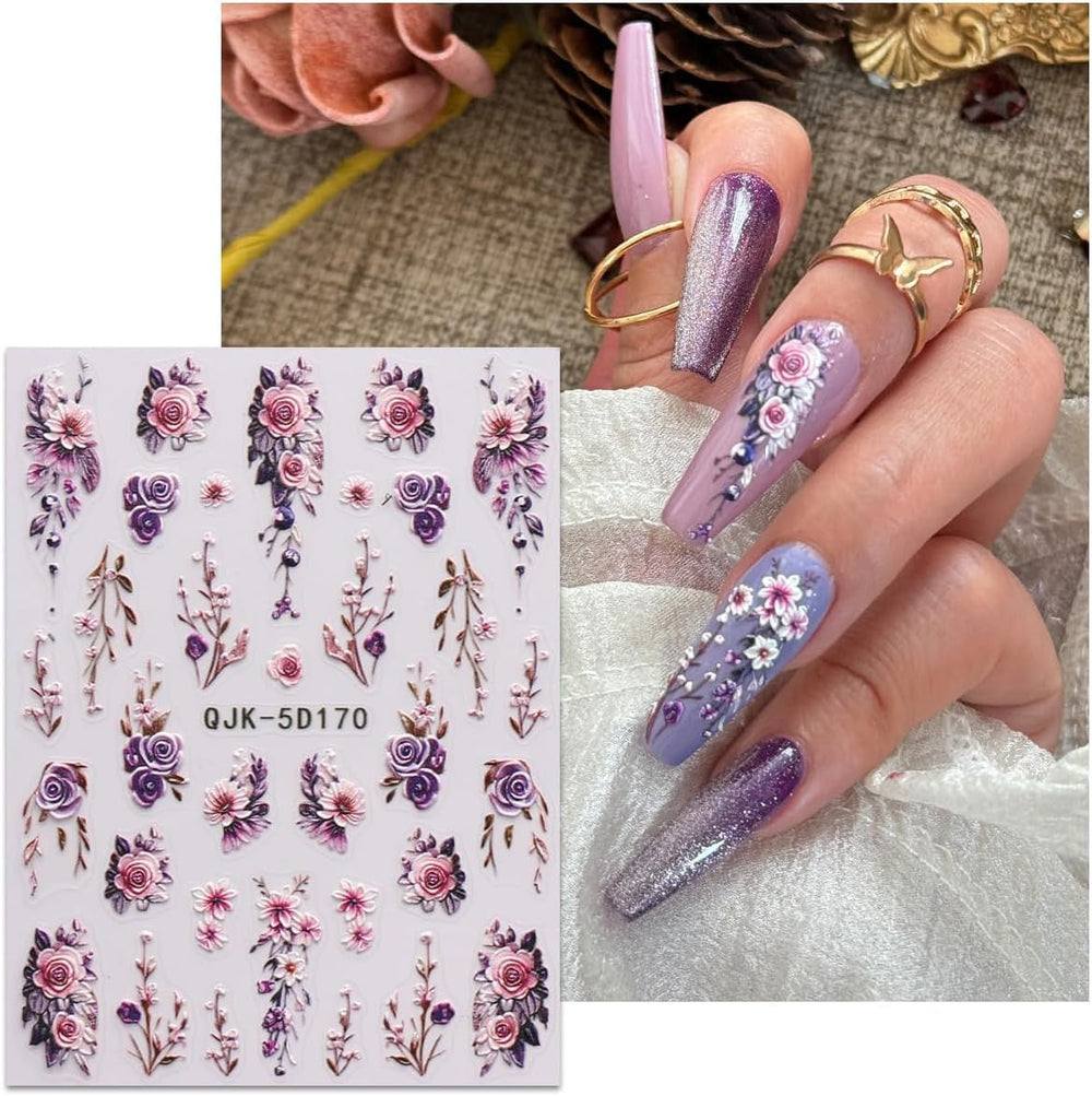 JMEOWIO 3D Nagelsticker Blumen Nail Art Sticker Selbstklebend Nagelaufkleber 5D Stereoskopisch Frühling Sommer Dekoration Nageldesign Zubehör 4 Blatt