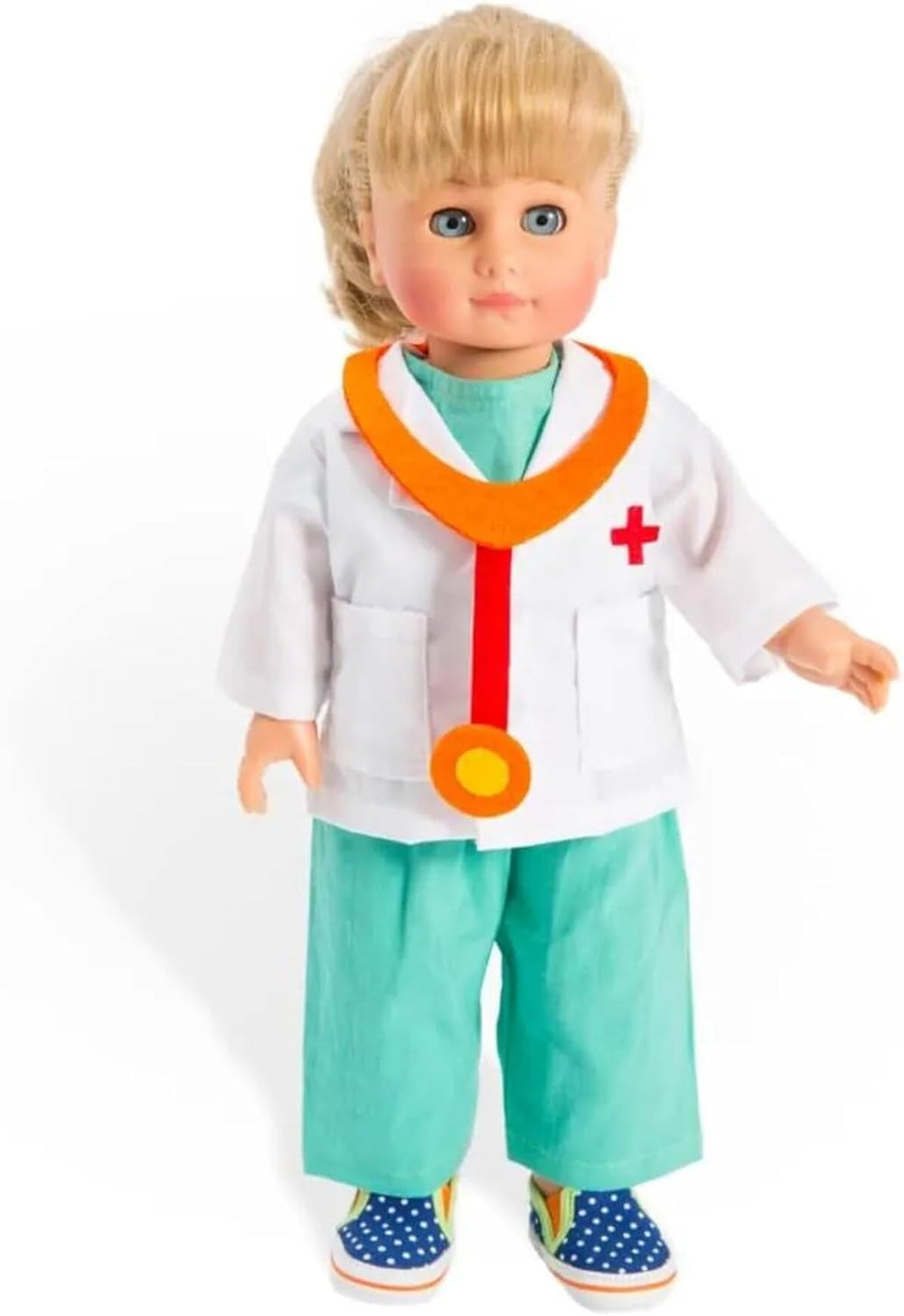 Heless 1653 - Bekleidungs-Set für Puppen, 4 teiliges Arzt-Outfit mit Hose, Hemd, Arztkittel und Stethoskop, Größe 28 - 35 cm