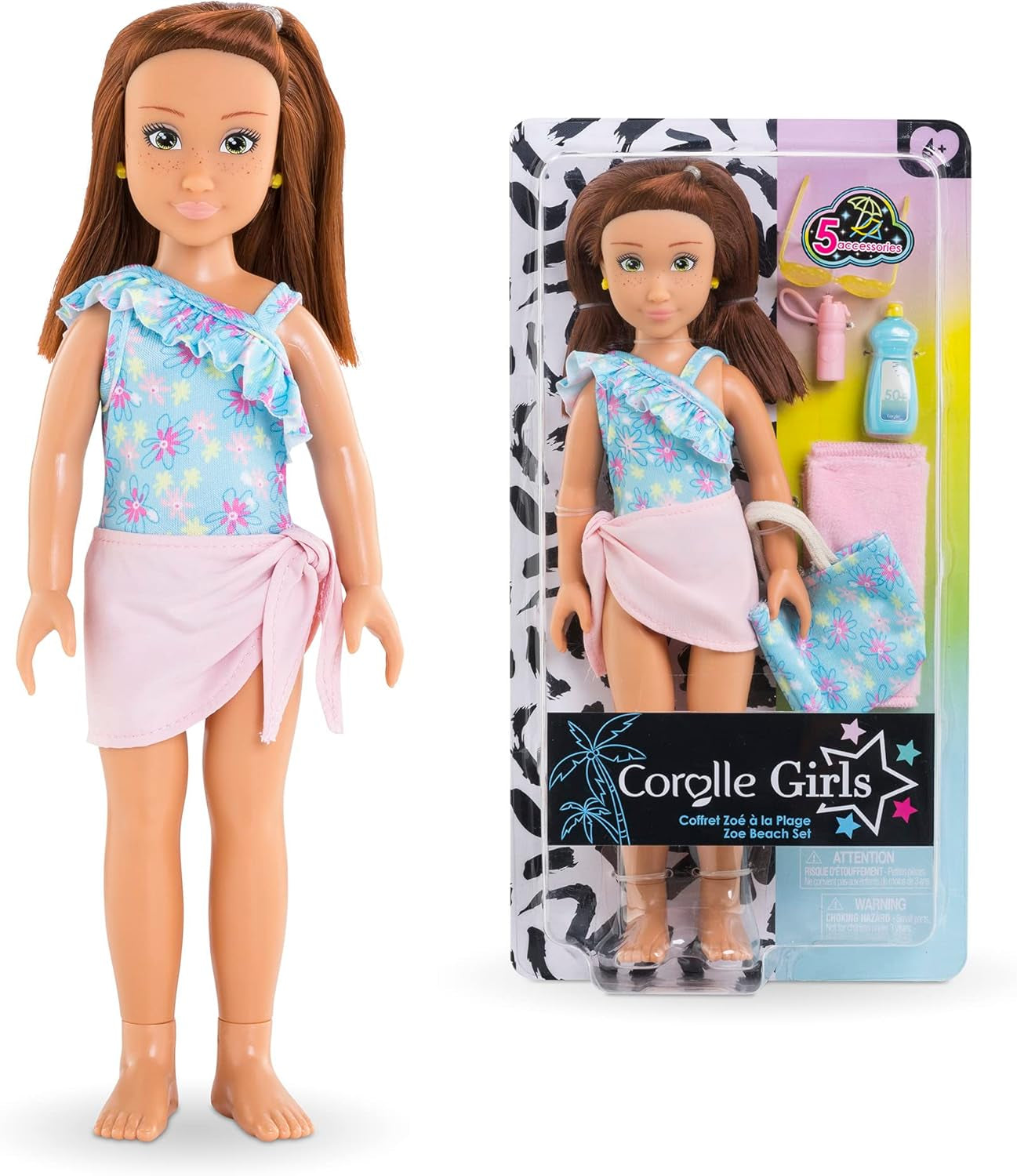 Corolle Girls Zoe Beach Set, Ankleidepuppe im süßen Beach Outfit und 5 Teile, Vanilleduft, 28cm, ab 4 Jahre