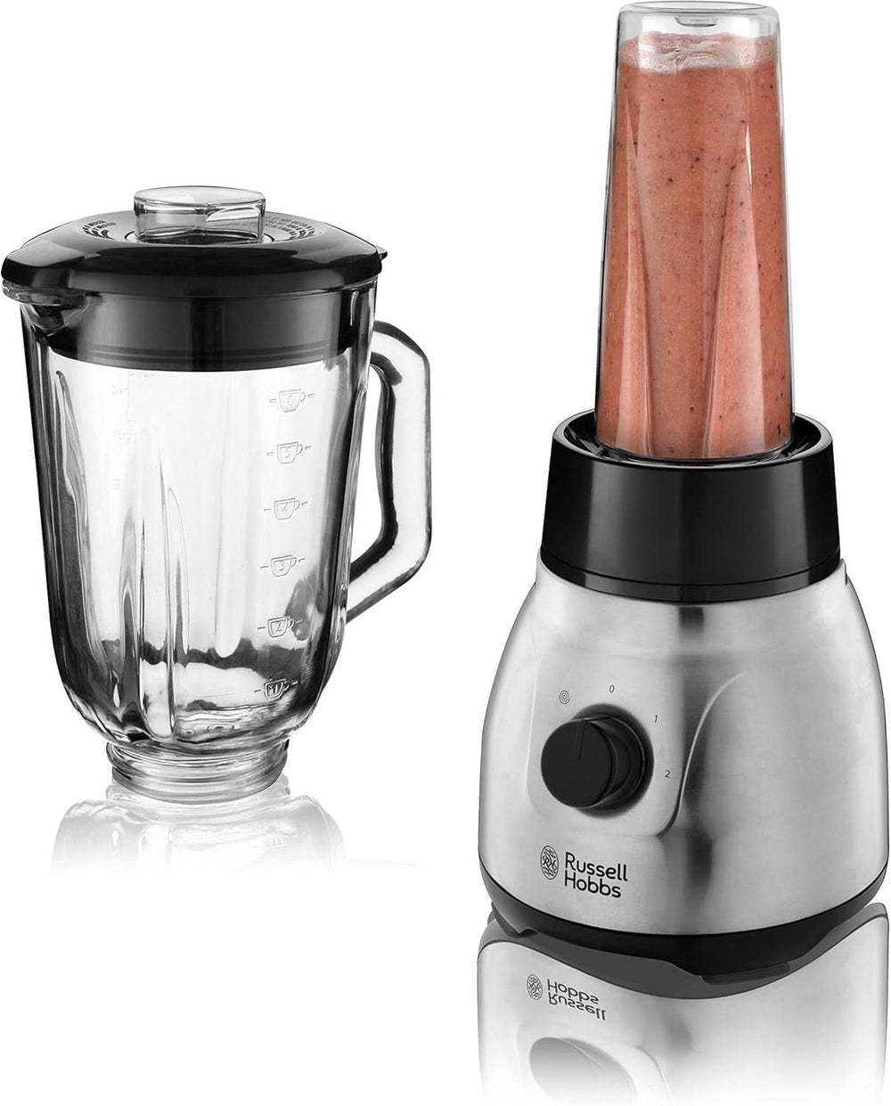 Russell Hobbs Standmixer 2-Az 1-ben [1,5 literes Glasbehälter keverő és 0,6 literes mini turmixkészítő - To-Go-Trinkflasche Inkl. Deckel] Spülmaschinenfest, Impuls-/Ice-Crush Funktion, Becher BPA Frei, Edelstahl 23821-56 Kitchen Naty Shop
