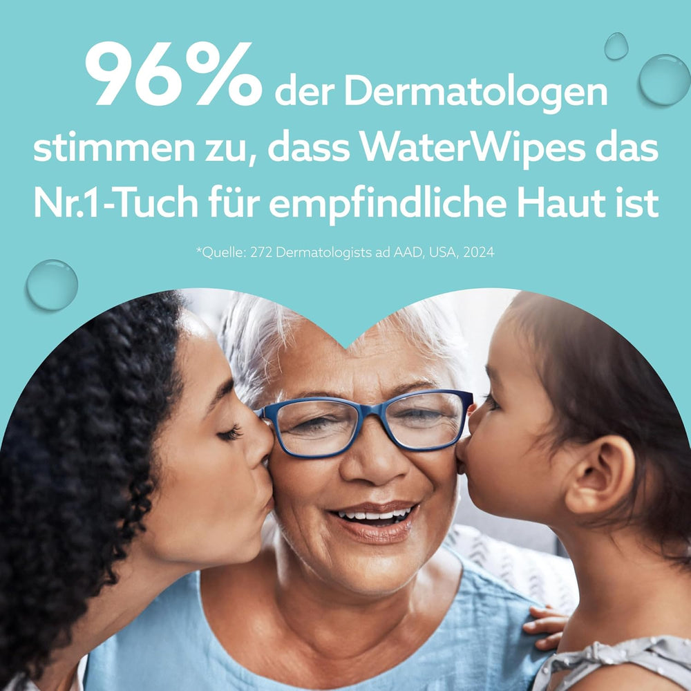 WaterWipes Sensitive+ On The Go nedves törlőkendők, 100 törlőkendő (10 csomag), 3 az 1-ben tisztít, ápol, véd, 99,9% víz, illatmentes törlőkendő