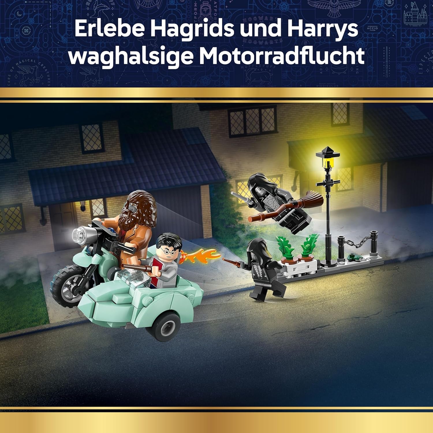 LEGO Harry Potter Hagrids und Harrys Flucht aus dem Ligusterweg - Motorrad Spielzeug mit 4 Minifiguren - 2 Todesser, eine Strassenszene - Geschenk für Mädchen, Jungen und Fans ab 8 Jahren - 76459
