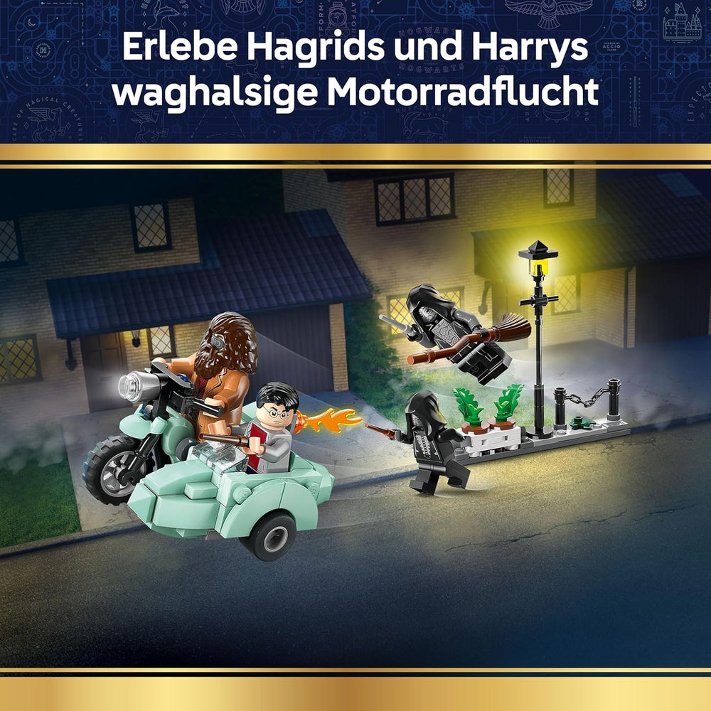 LEGO Harry Potter Hagrids und Harrys Flucht aus dem Ligusterweg - Motorrad Spielzeug mit 4 Minifiguren - 2 Todesser, eine Strassenszene - Geschenk für Mädchen, Jungen und Fans ab 8 Jahren - 76459