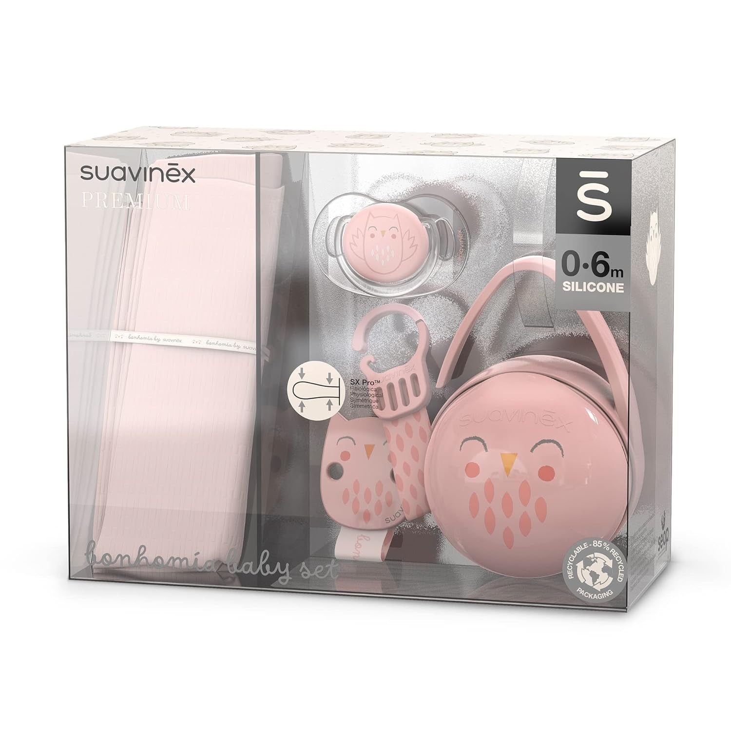 Set cadou Suavinex pentru nou-născuți. Set cu 4 piese, inclusiv: suzetă Physiological SX Pro pentru bebeluși 0-6 luni + suport pentru suzetă + husă pentru suzetă Duo + inel de dentiție din silicon. Wonderland, bej