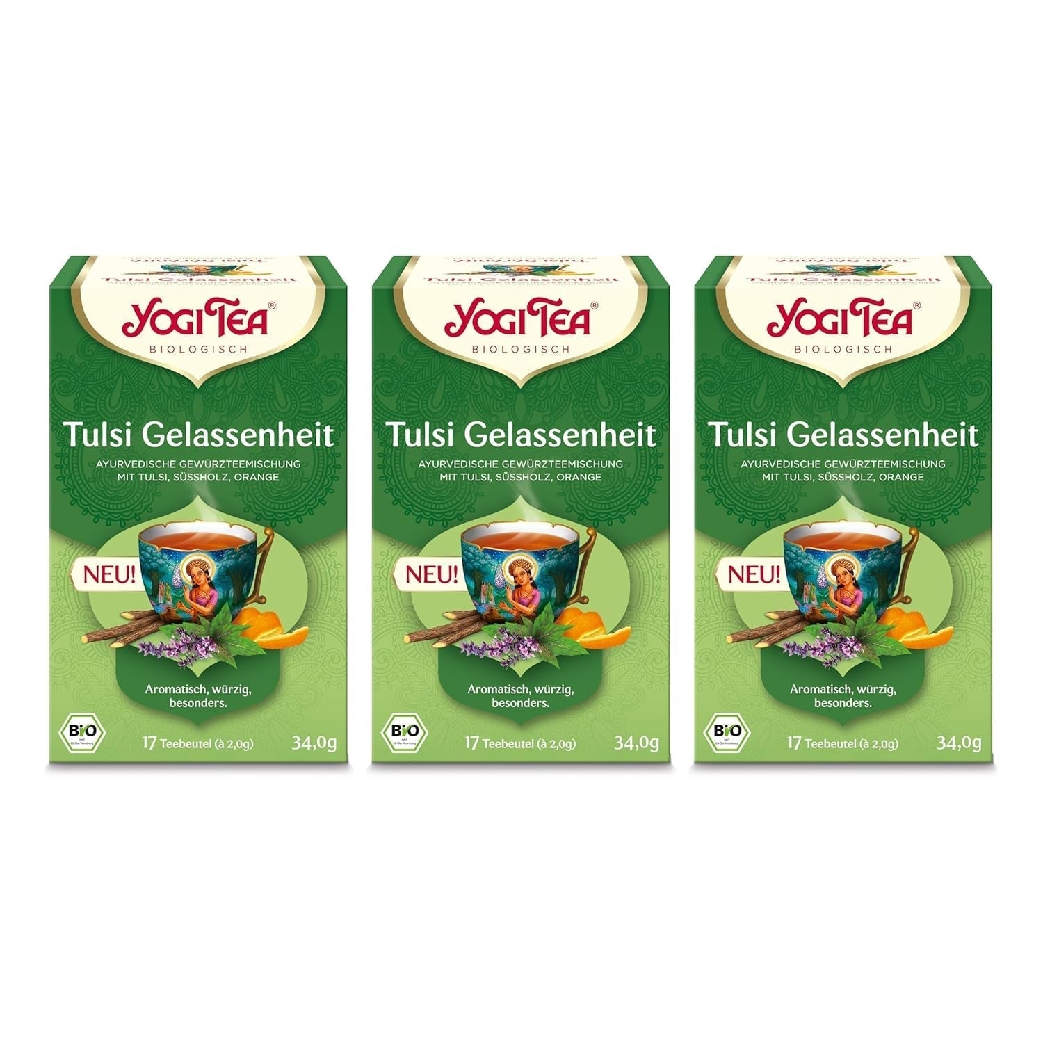 Yogi Tea - Tulsi Serenity, ceai ayurvedic din plante bio, fără cofeină din natură, amestec de tulsi - busuioc „sfânt”, lemn dulce și portocală, Yogi Tea pachet de 3, 3X17 pliculețe (51 pliculețe de ceai)