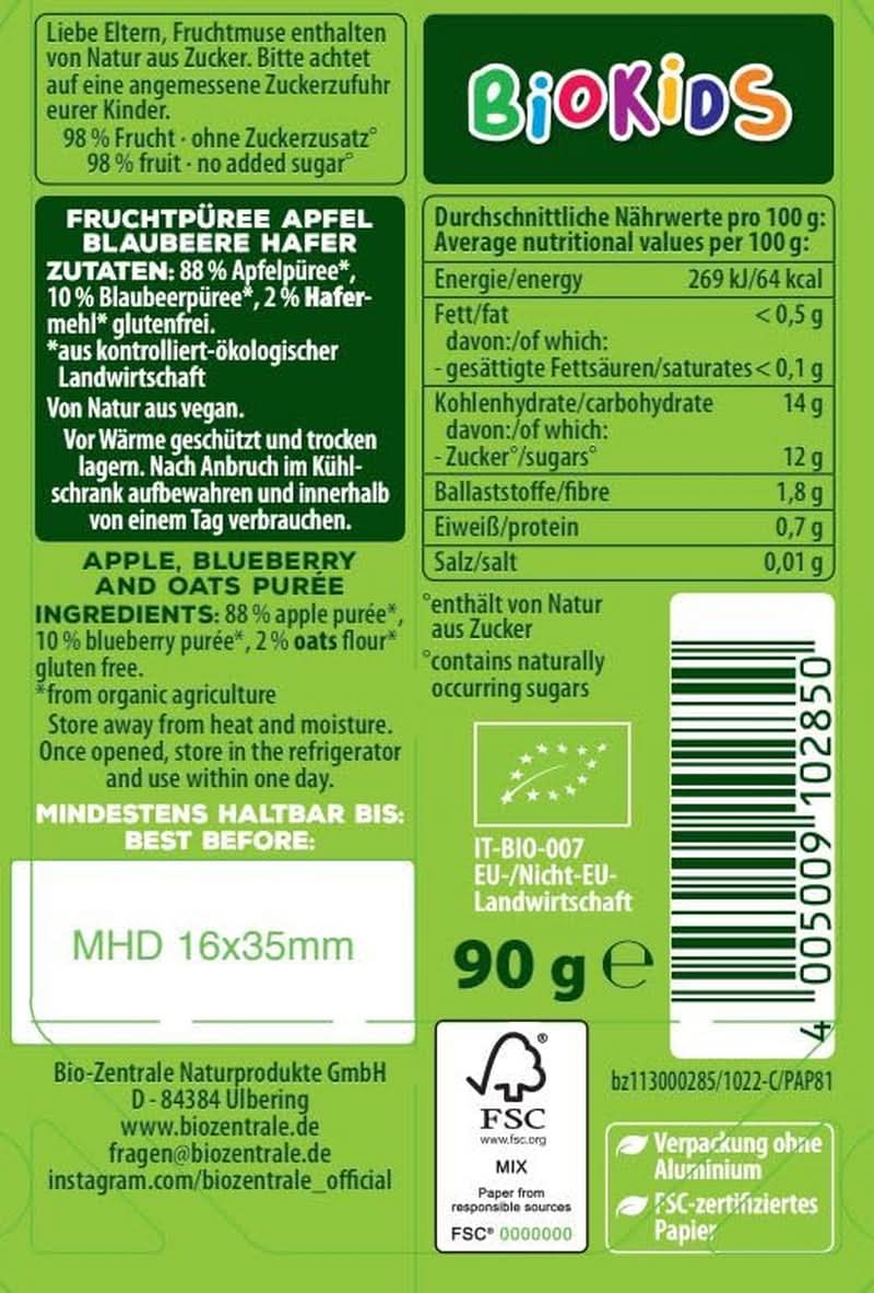 Biozentrale Biokids Gyümölcspüré alma áfonya zab | 12X90G | Vegán gyümölcs zab snack | Hozzáadott kristálycukor nélkül Mother and Child Naty Shop