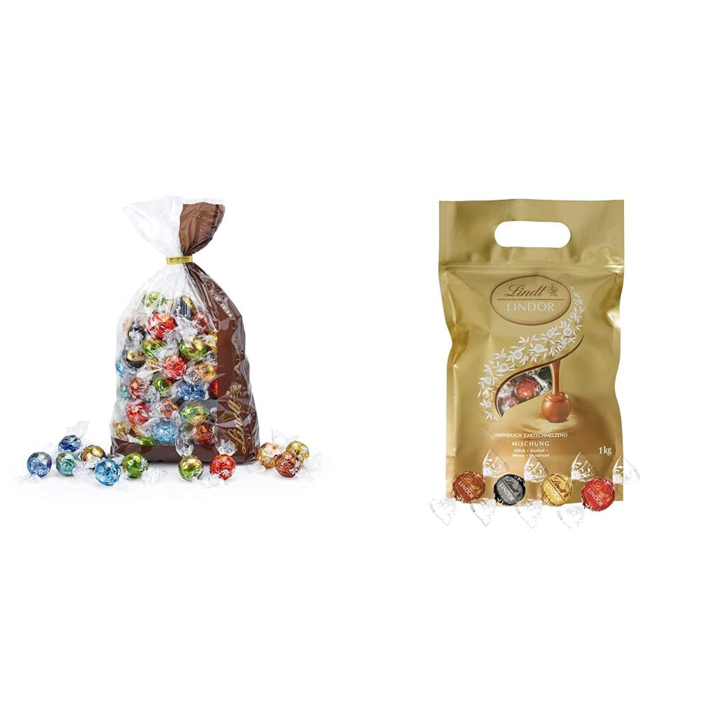 Választék Lindt Chocolate LINDOR | 1371 g, Classic | kb. 80 golyó csokoládé (tej, fehér, sötét 60%, mogyoró) | Ömlesztett csomag, 1 kg
