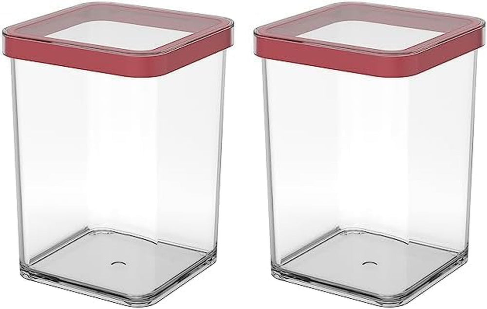 Rotho Loft set de 5 borcane de depozitare cu capac, diferite dimensiuni, plastic alimentar (PP) fără BPA, transparent/roșu, (21,4 x 21,4 x 23,5 cm) Cutii depozitare alimente Naty Shop 1 litru pătrat (pachet de 2)