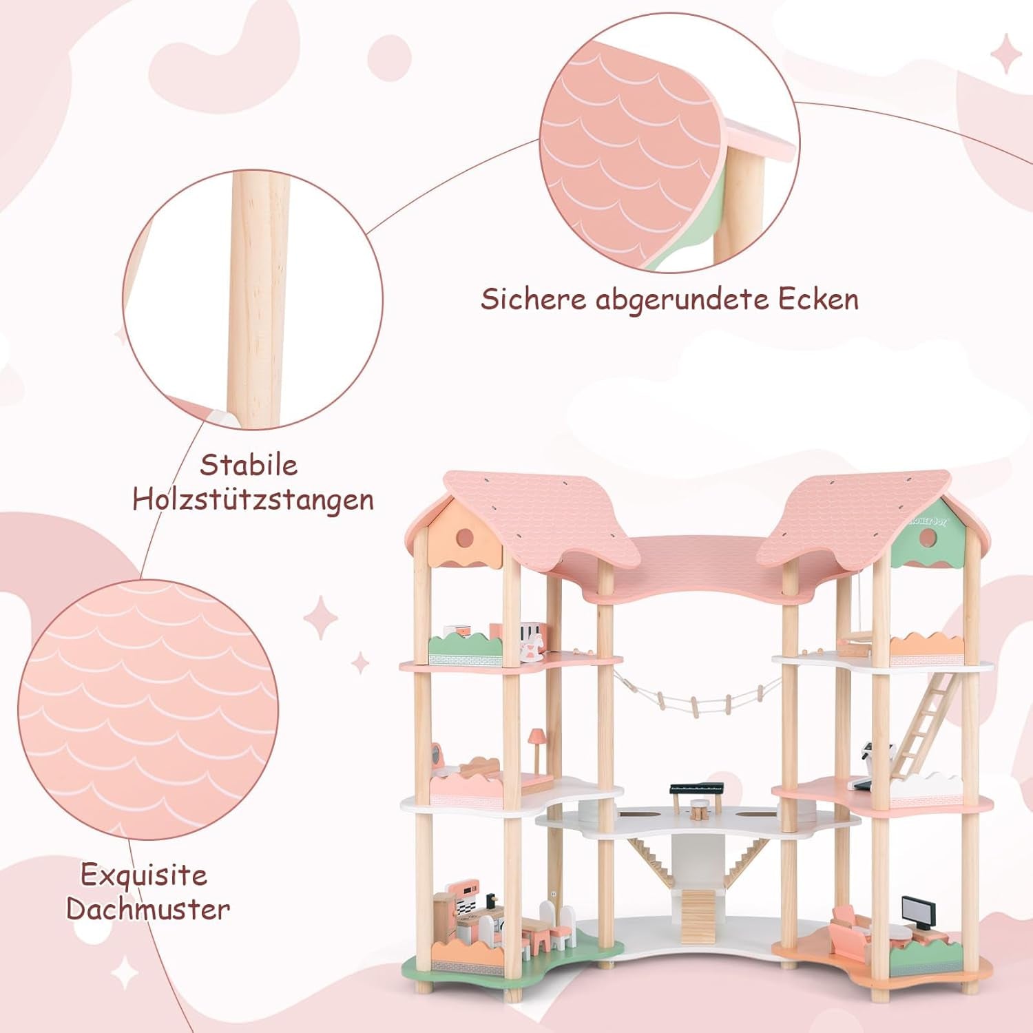 Casă de păpuși din lemn FANTASK, casă de păpuși de 85 cm înălțime 7 camere cu 32 de mobilier și accesorii, vilă de păpuși cu scară de frânghie, cadou de casă de păpuși pentru fete de la 3 ani (Model 3) Casute de papusi Naty Shop