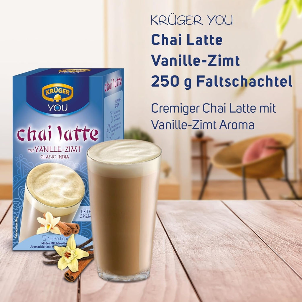 KRÜGER YOU Chai Latte Vanilie-Scorțișoară, preparat instant pentru băuturi cu lapte, aromatizat cu vanilie și scorțișoară, 250 g (10 pliculețe de 25 g)