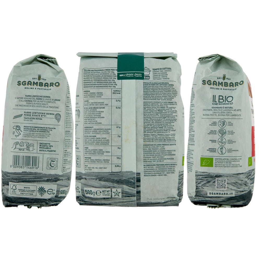 Bio Penne Rigate tészta N.91 - 500 g tönkölyliszttel, lencseliszttel és quinoaliszttel - Fehérjében gazdag, rost- és fehérjeforrás