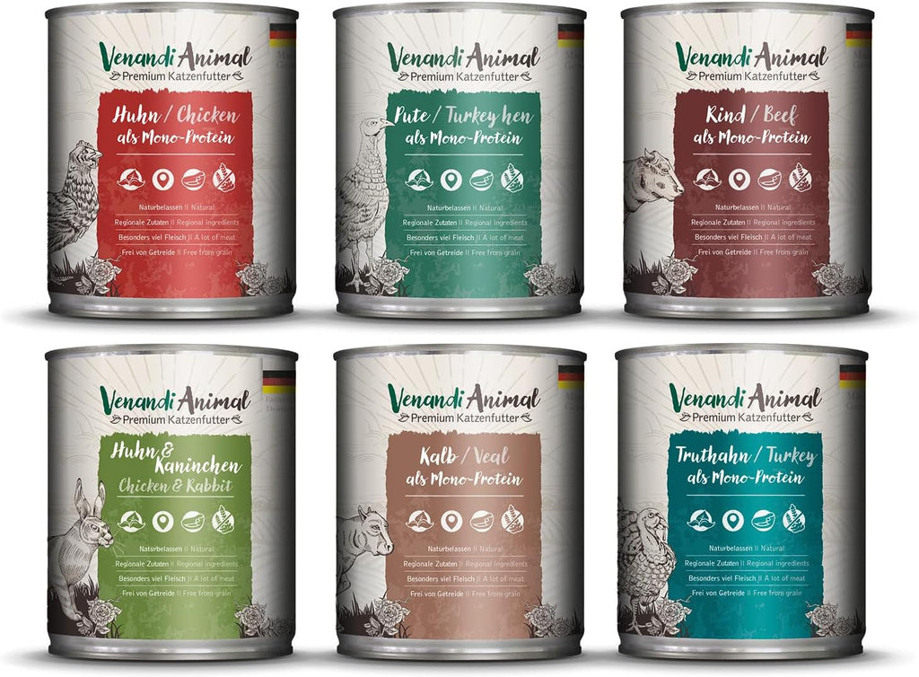 Venandi Animal Premium Hrană umedă pentru pisici, Tasting Pack III, pui, curcan, vită, pui + iepure, vițel, curcan, 6 X 200 G, fără cereale și naturală, 1.2 Kg