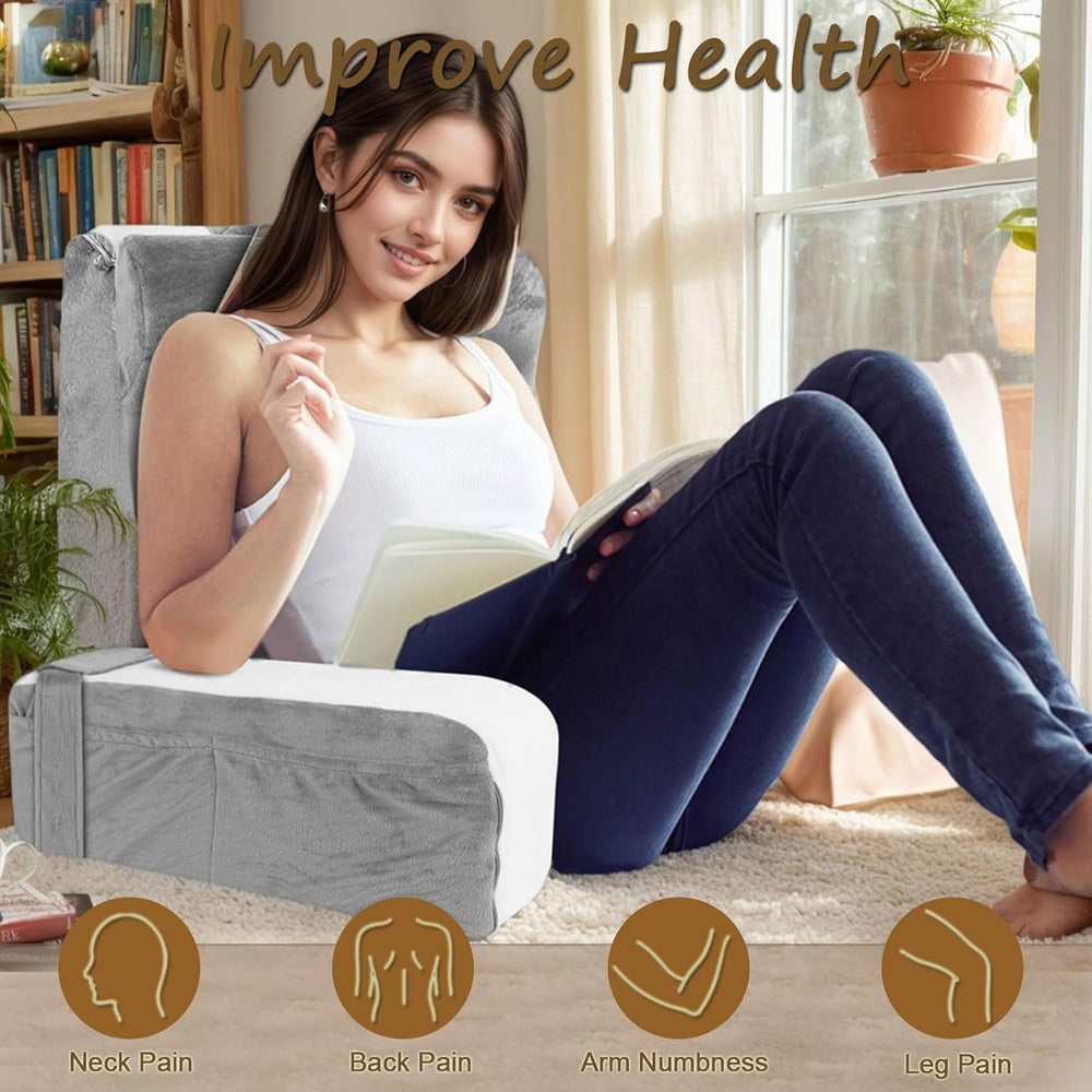 Pernă mare de citit pentru pat și canapea, pernă pentru spate pentru adulți cu suport pentru gât și cotiere, pernă ergonomică pentru spătar cu buzunar și husă lavabilă pentru odihnă, citit, vizionat la televizor (WH)