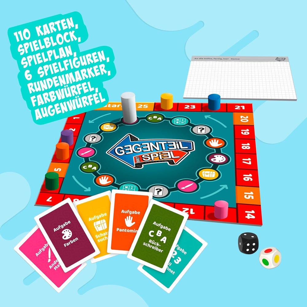 Noris 606062080 - Gegenteil Spiel (Brettspiel from 10 Jahre) - kombinierbar mit dem Kartenspiel - verrücktes Konzentrationspiel für Kinder und Erwachsene für 3-6 Spieler