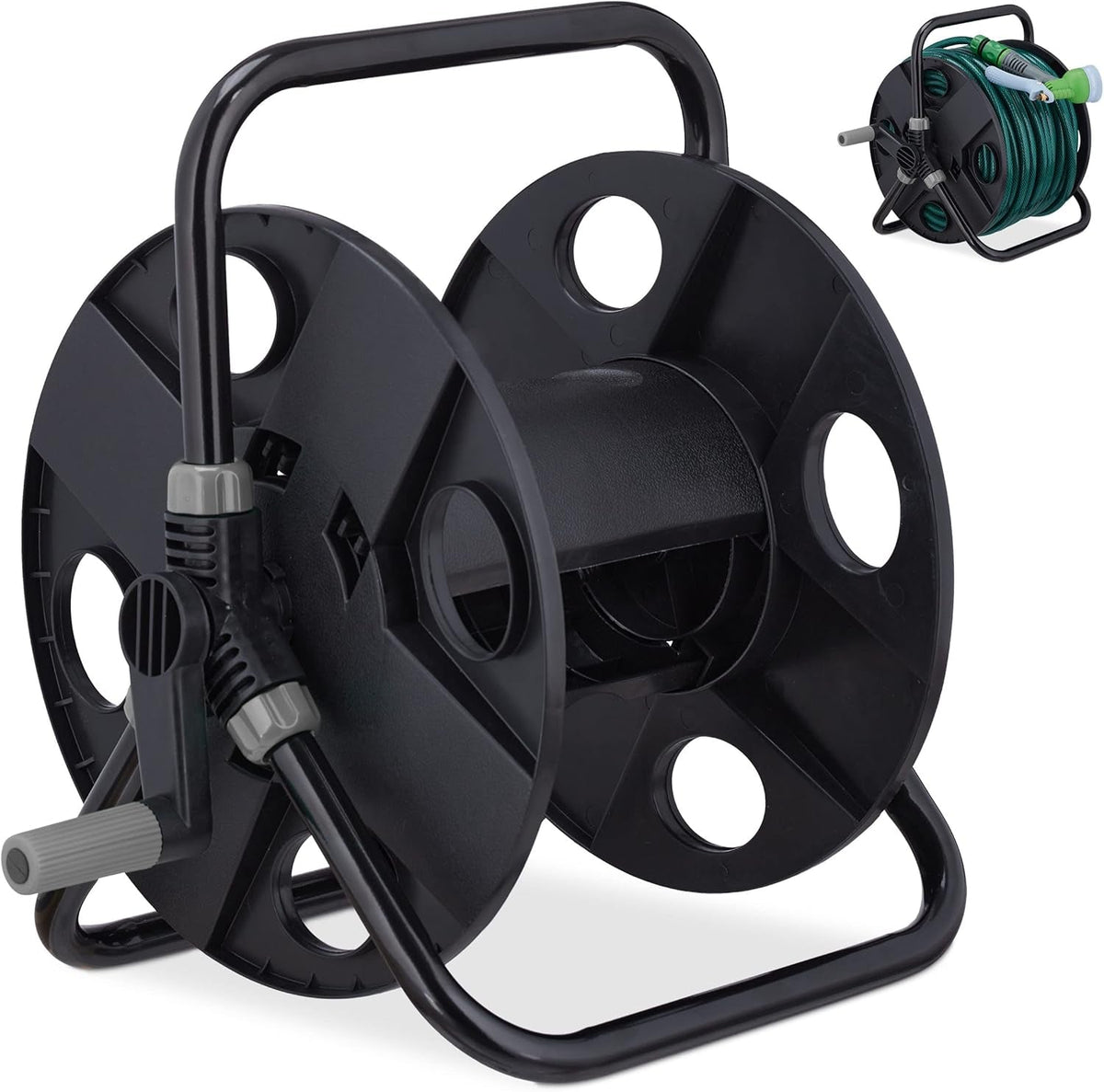 Rolă furtun Relaxdays, pentru furtun de 30 m 1/2", oțel, plastic, suport furtun, HL: 38 x 42 x 31 cm, negru/gri