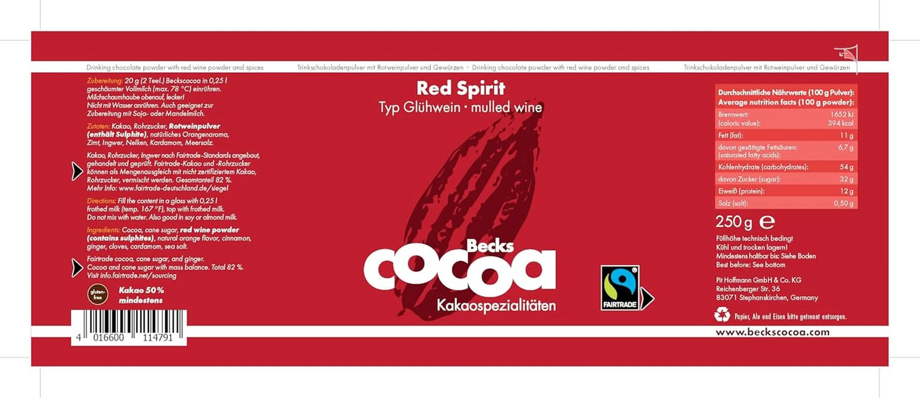 Red Spirit, Cacao fină aromată cu vin roșu, 250 grame Cacao si Ciocolata Calda Naty Shop