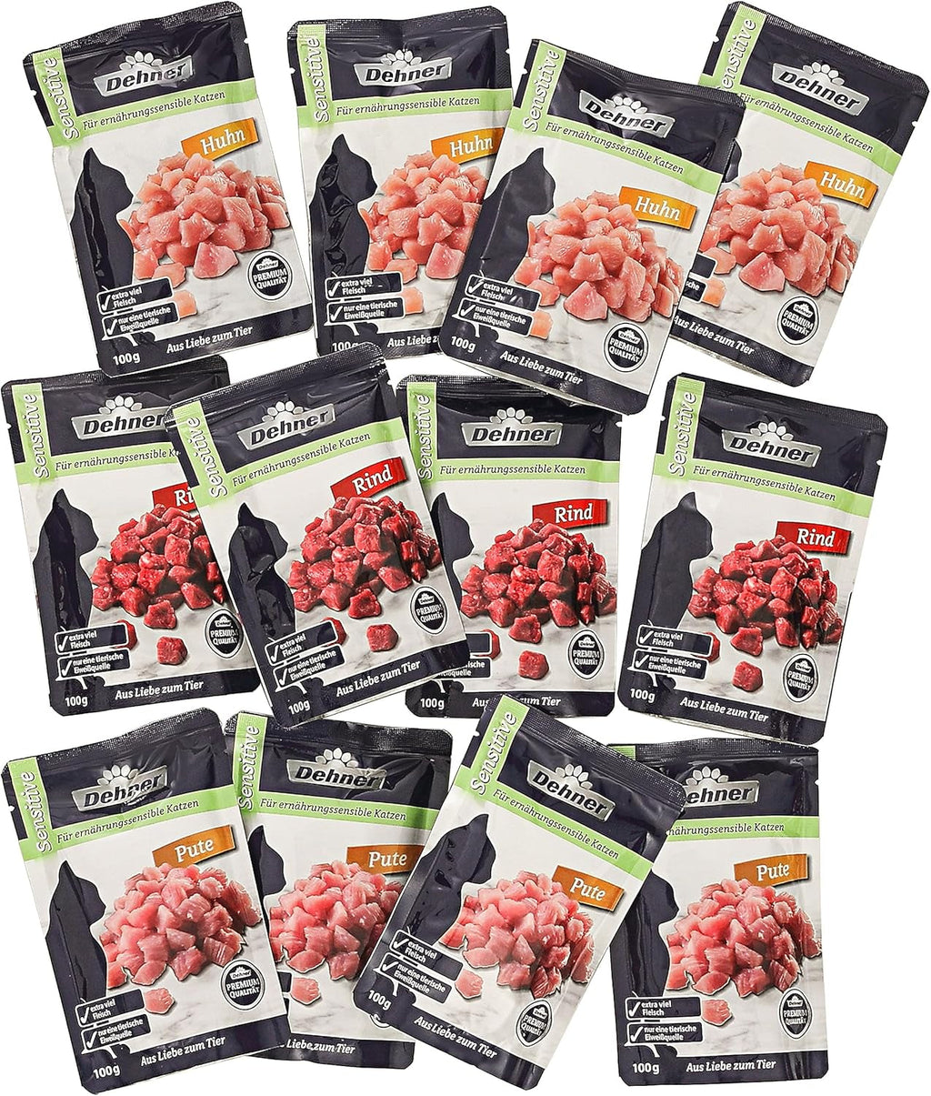 Dehner Premium Cat Food Sensitive Multipack, Hrană umedă, Pentru pisici sensibile din punct de vedere nutrițional, 4 X pui / vită / curcan fiecare, 12 X pungi de 100 G (1,2 kg)