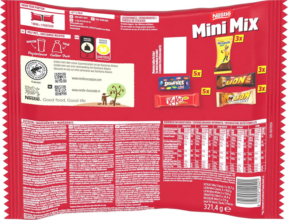 Nestlé Mini Mix csokoládészeletek, 5 finom íz, 19 szelet, 2 db-os csomag (1 x 321 g)