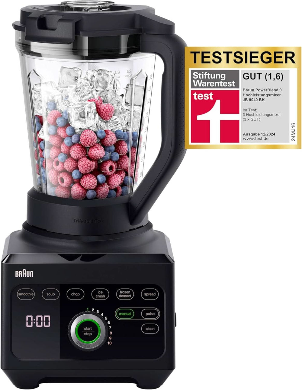 Braun Hochleistungsmixer Powerblend 9 JB9040 – Standmixer Mit Glas-Mixkrug, 18 Mixprogram, 10 Geschwindigkeiten + Pulsefunktion, Heiße Suppen Funktion, Reinigungsprogramm, Stampfer, 1600 W, Schwarz Kitchen Naty