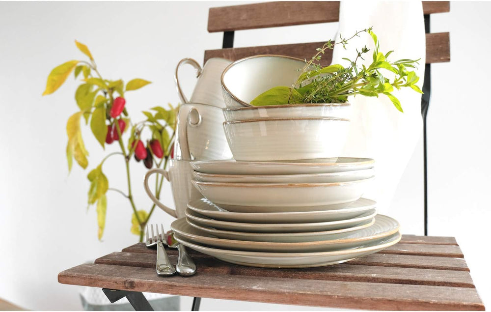 MÄSER 931818 Set de veselă Nottingham Vintage Series pentru 4 persoane, serviciu de mic dejun cu 12 piese cu forme rotunjite neregulate în aspect retro, gresie, bej