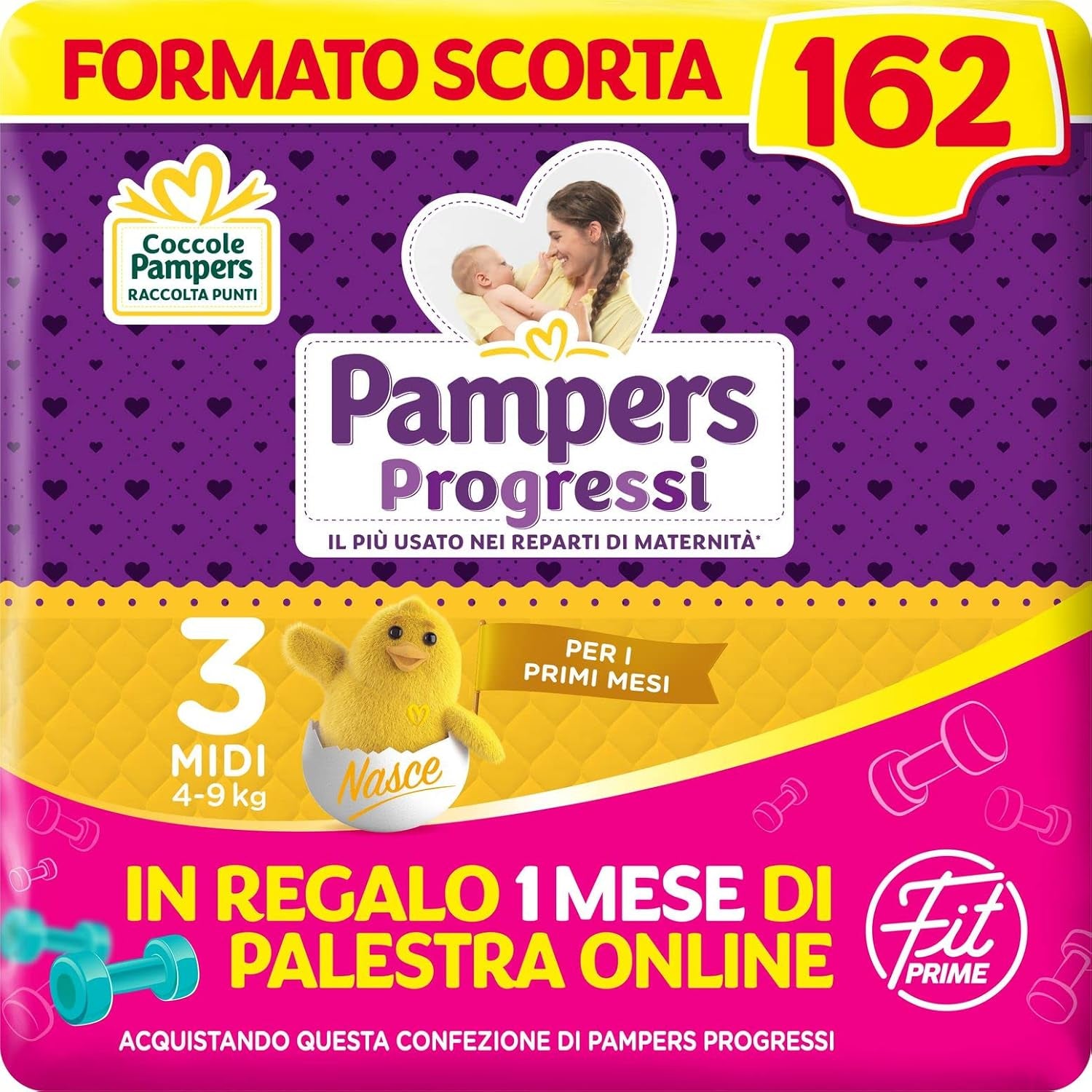 Pampers Progressi & Fit Prime Midi pelenka, rövid formátum, 162 pelenka, 3-as méret (4-9 kg), ajándékba 1 hónapos online tagság az edzőterembe