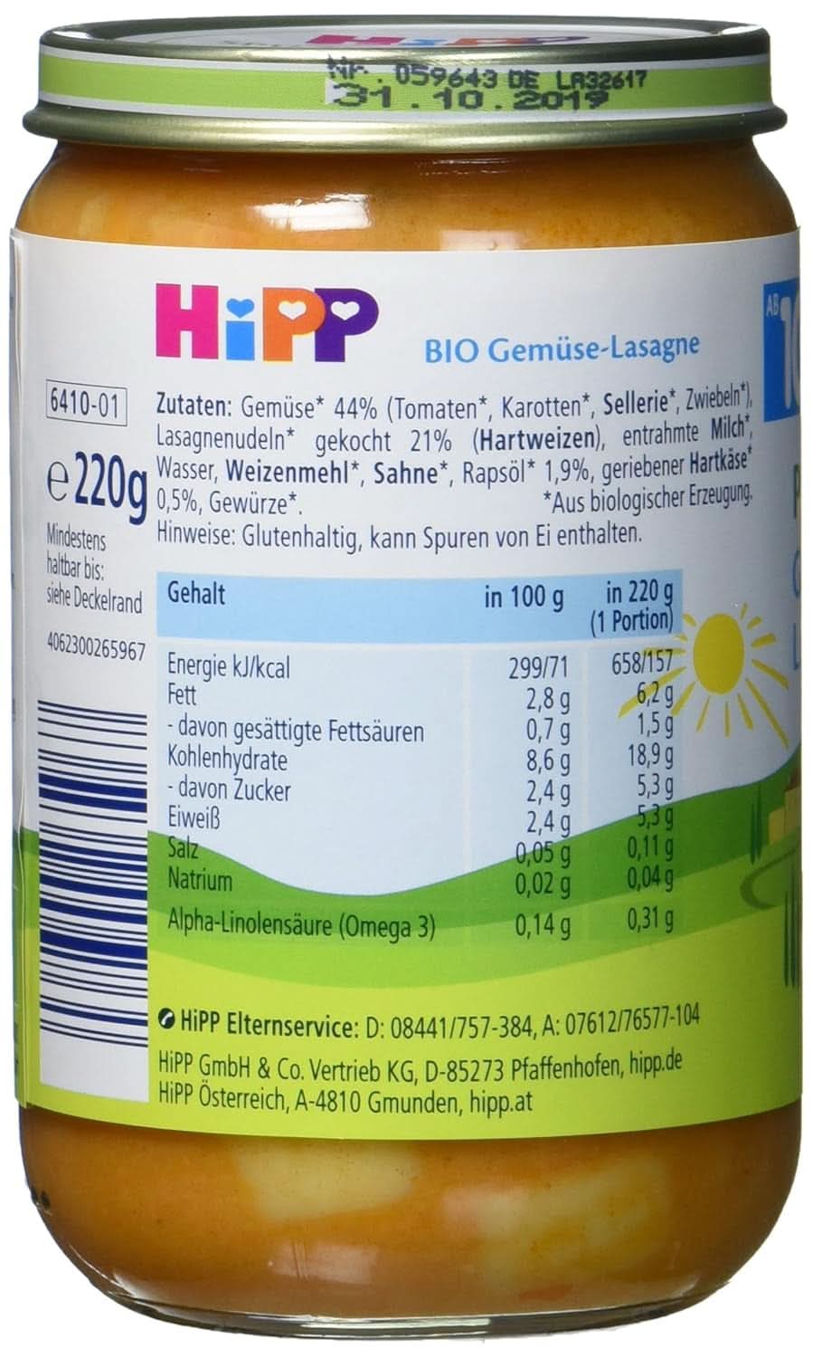 Hipp Pasta Bambini - Lasagna zöldségekkel, 6 db (6 x 220 g) Mother and Child Naty Shop csomag