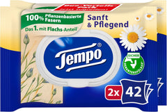 Șervețele umede de toaletă Tempo "Gentle & Caring" - Megapack - 16 pachete a câte 42 de șervețele - Duo Packs - cu mușețel natural - hârtie igienică, testată dermatologic și neutră față de Ph-ul pielii
