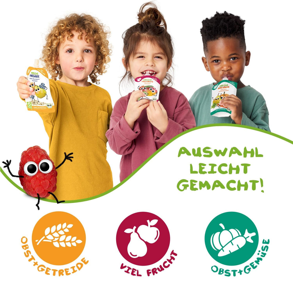 FRECHE FREUNDE Piure de fructe organic cu piersici, măr, banană și ovăz, cu cereale, într-o pungă compresibilă, pentru bebeluși de la 6 luni, vegan, pachet de 6 (6 x 100g)