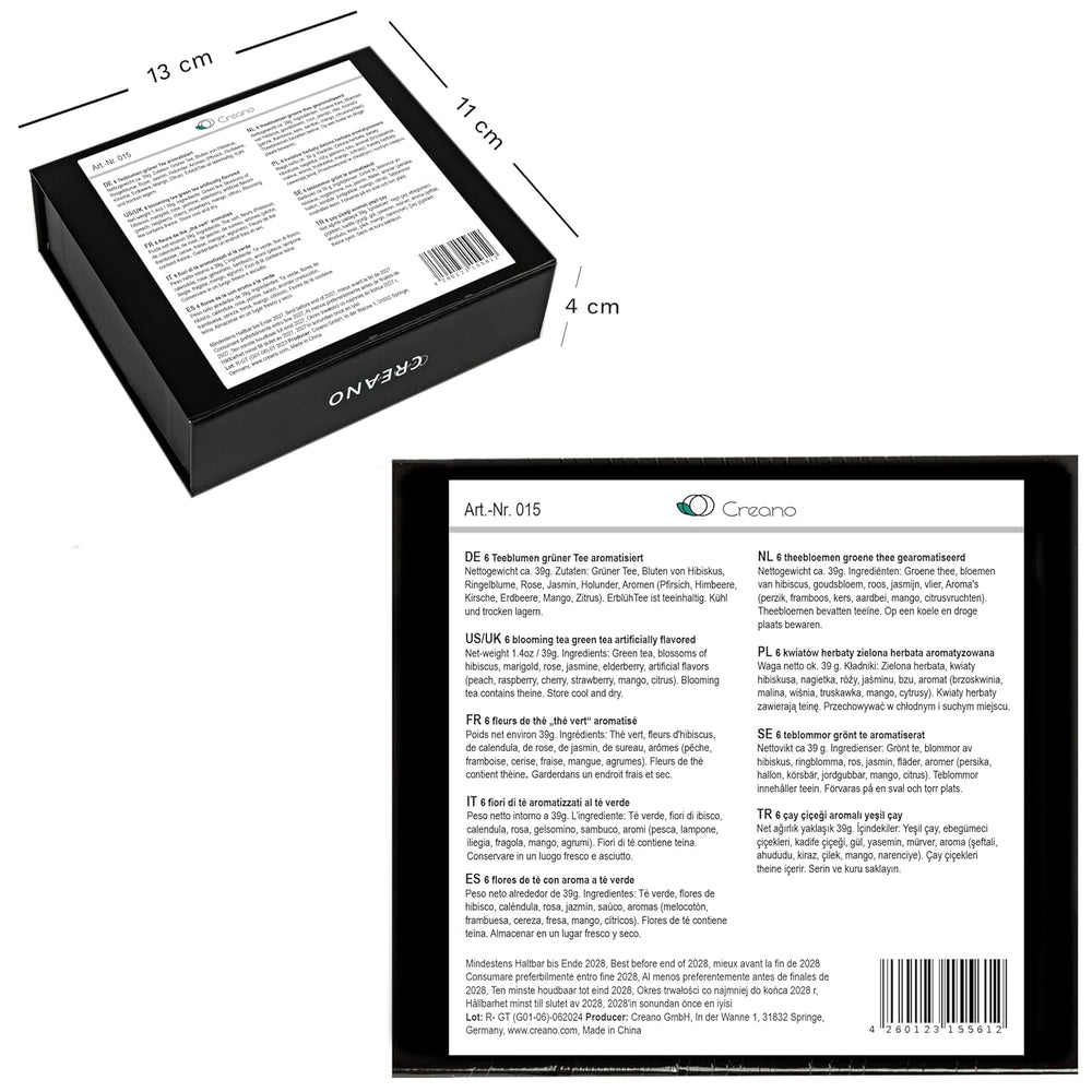 Creano 6 flori de ceai cutie cadou Ceai verde în cutie magnetică elegantă cu imprimeu argintiu - 6 sortimente diferite - cadou de Crăciun