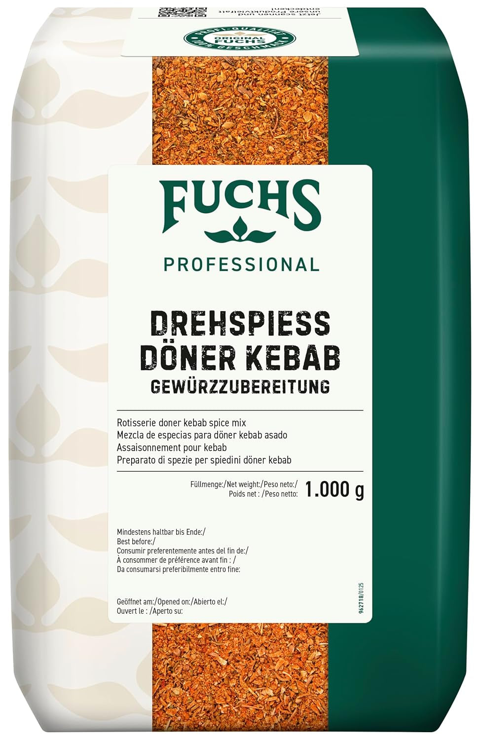 Fuchs Professional - Drehspiess Döner Kebab Gewürzzubereitung | Gewürz für den typischen-Döner Gesmack | Profi-Qualität für Großverbraucher und Gastronomie | 1 kg-os újrahasznosítható zacskó