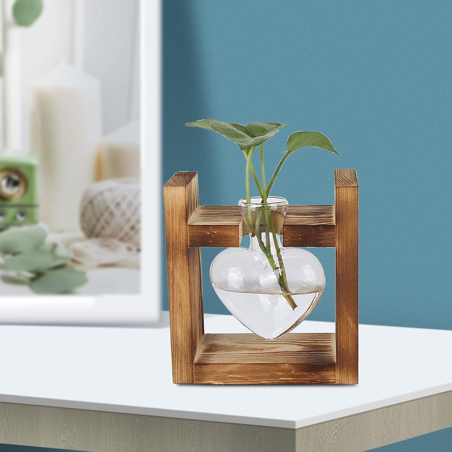 Faállványos növényterárium, szív alakú asztali váza, átlátszó üveg hidroponikus növények otthoni kert díszítésére, hidroponikus virágdekoráció irodába, nappaliba, konyhába (A)