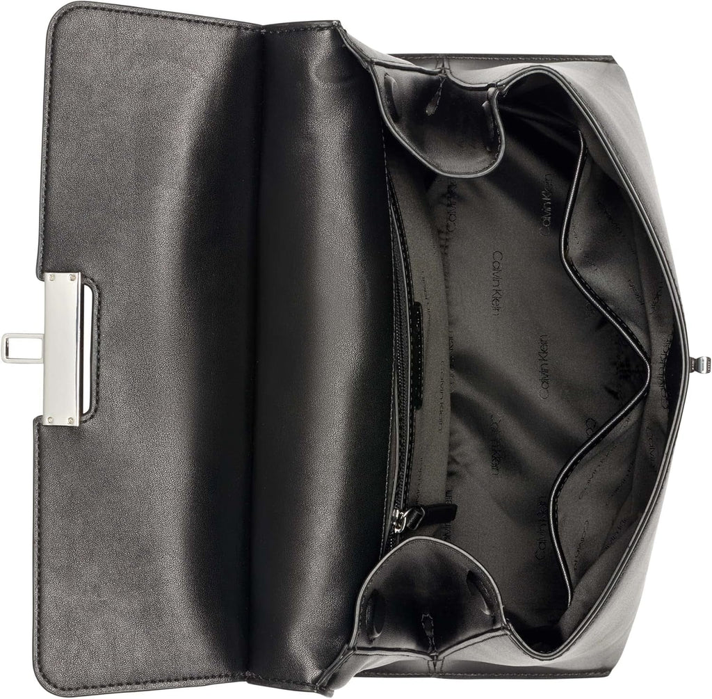 Calvin Klein Ladies Turn Lock Satchel - 2 în 1, piele vegană, 3 buzunare Becky Turnlock Geantă de umăr, negru/argintiu Genti Femei Naty Shop