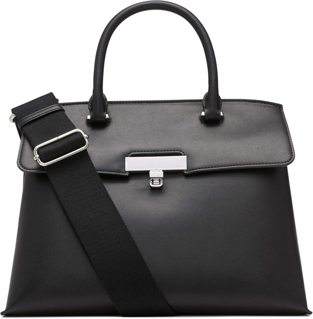 Calvin Klein Ladies Turn Lock Satchel - 2 în 1, piele vegană, 3 buzunare Becky Turnlock Geantă de umăr, negru/argintiu Genti Femei Naty Shop Titlu implicit