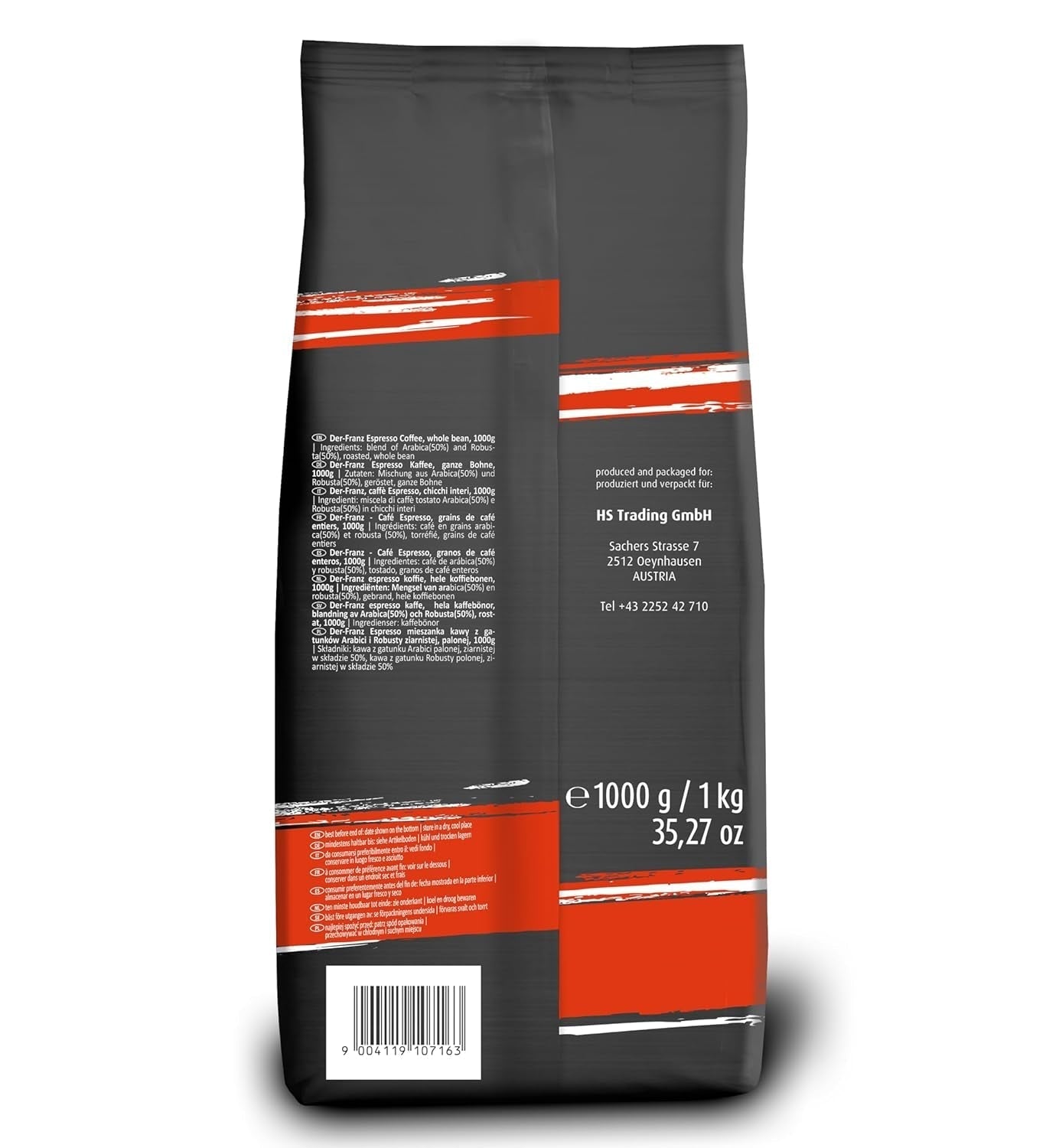 Der-Franz Espresso Coffee, Intensitate 5/5, Arabica și Robusta, boabe întregi, 4 X 1000 G Cafea Naty Shop