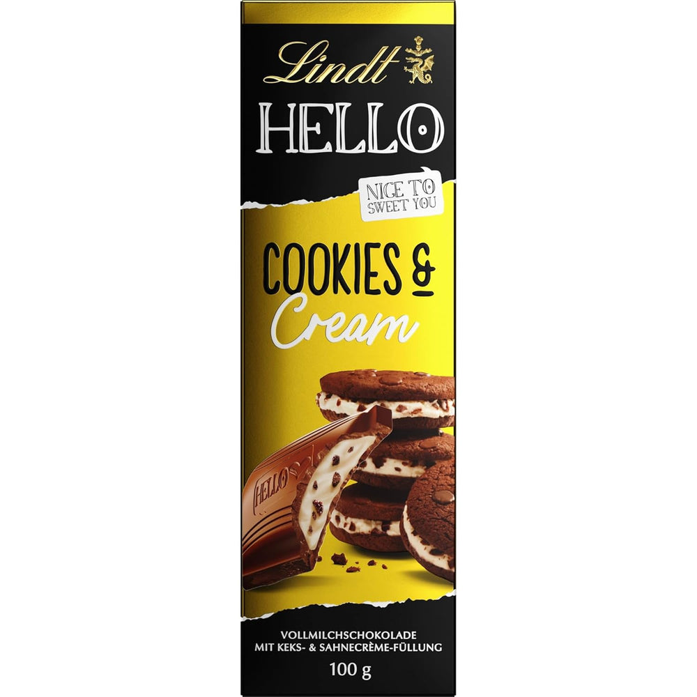 Lindt Hello Cookies & Cream Chocolate | Rúd 100g | Tejcsokoládé sütivel és tejszínes töltelékkel | Csokoládé | Csokoládé ajándék